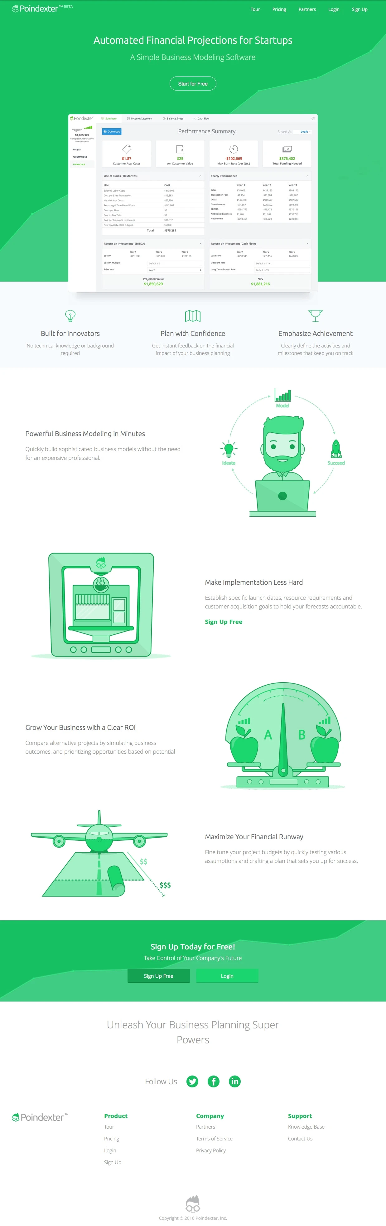Poindexter Landing Page Example: Automated Financial Projections for Startups