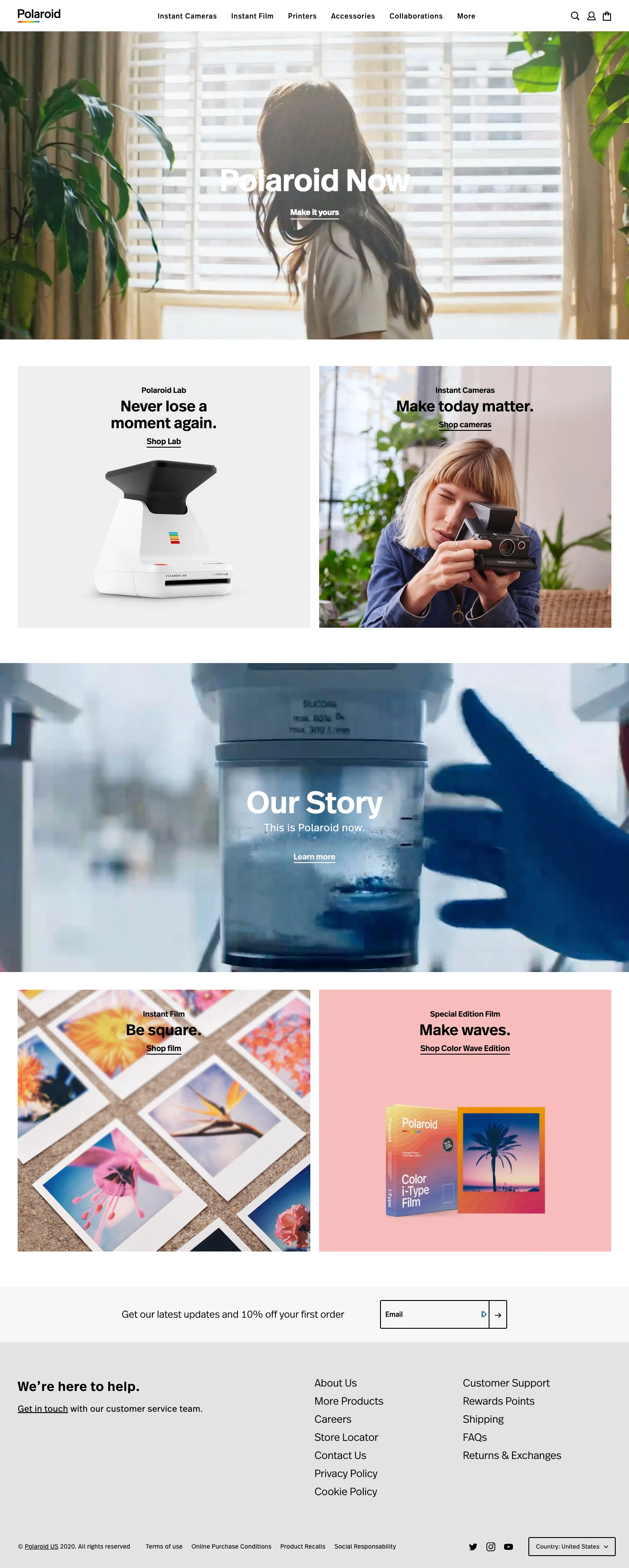 Polaroid Landing Page Example: Polaroid is back. Shop analog instant film, new cameras, vintage cameras, and more from the brand that captured millions of moments with its iconic white frame.