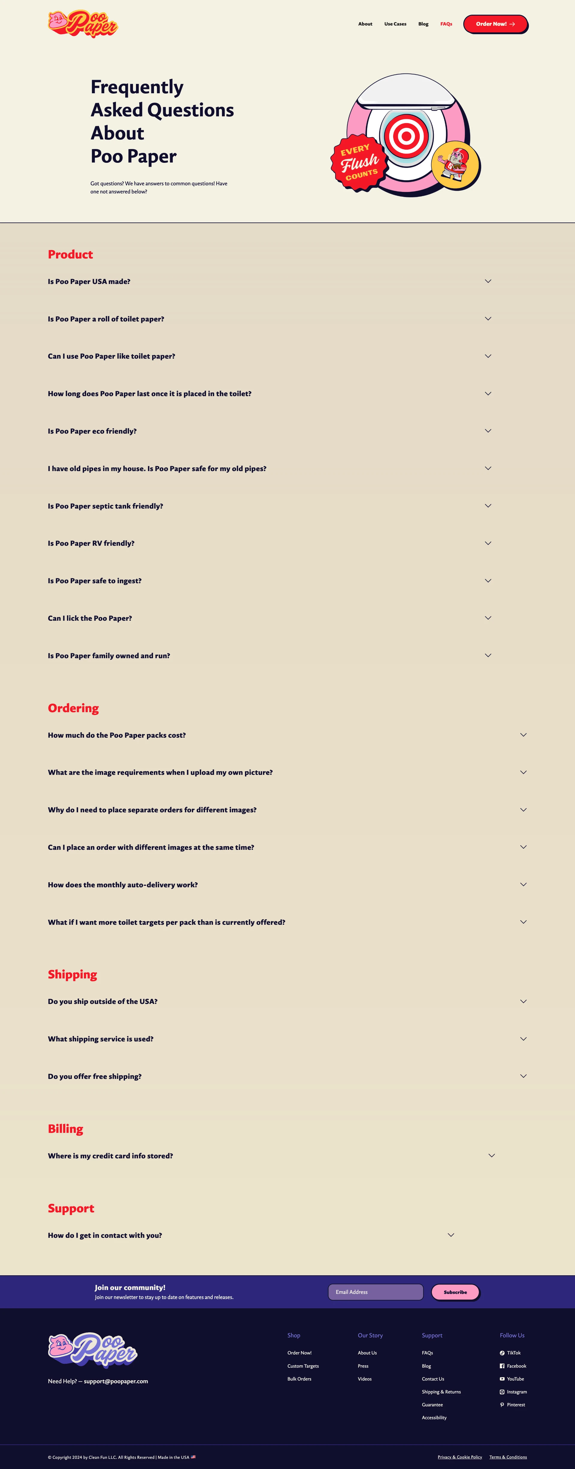 Poo Paper Landing Page Example: Every bathroom break becomes a bullseye moment to embrace your inner marksman. Nail that tight deadline, blast through annoyances, or just treat your throne to target practice.