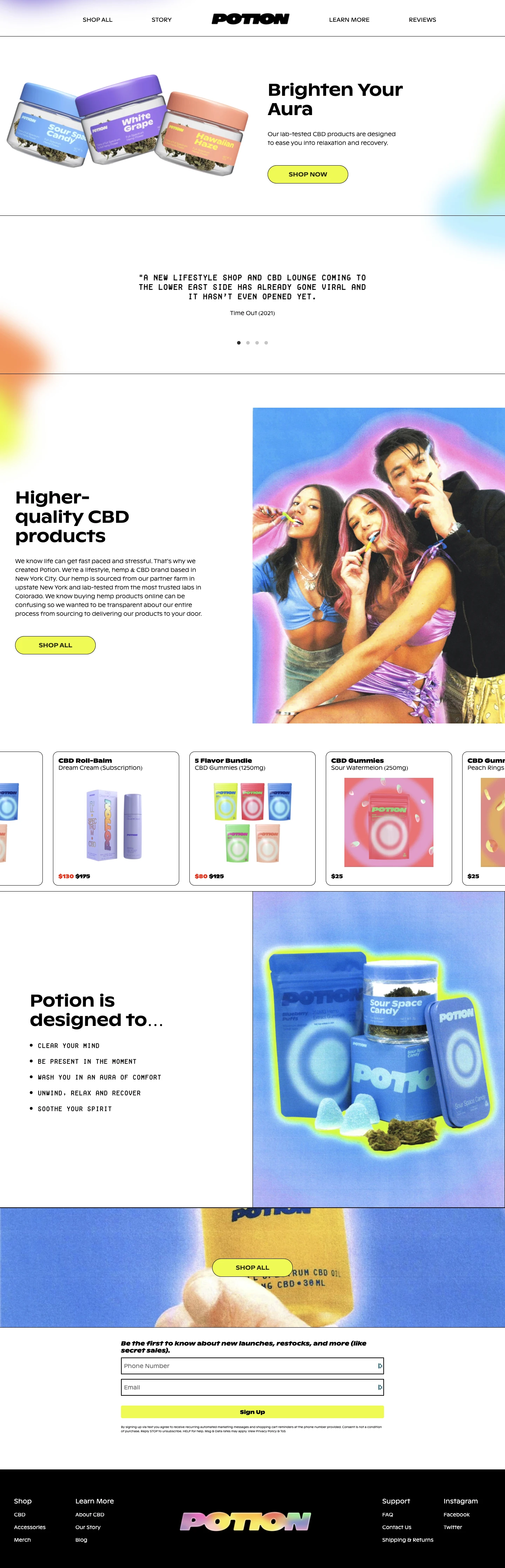 Potion Lifestyle Landing Page Example: Brighten your aura. Our lab-tested CBD products are designed to ease you into relaxation and recovery.