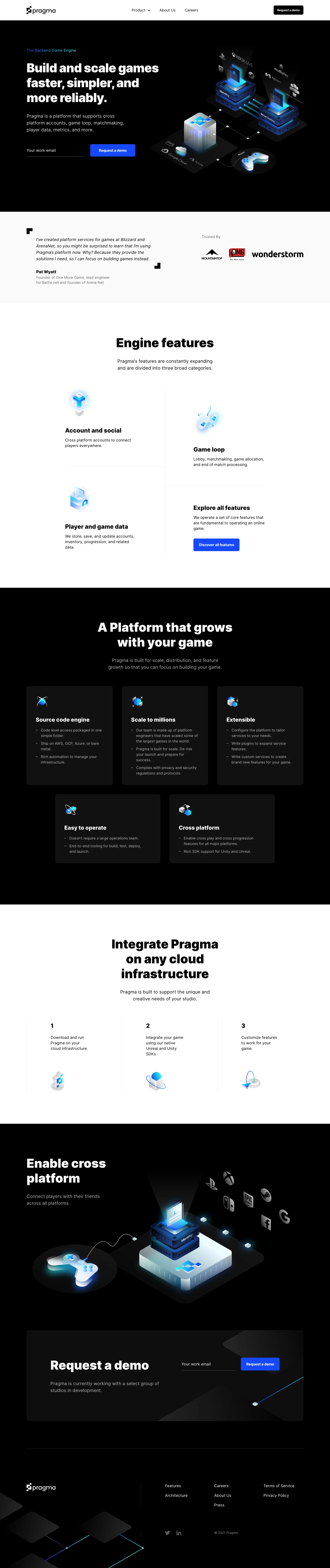 Pragma Landing Page Example: Pragma Platform is a backend game engine that helps studios create online, multiplayer games.