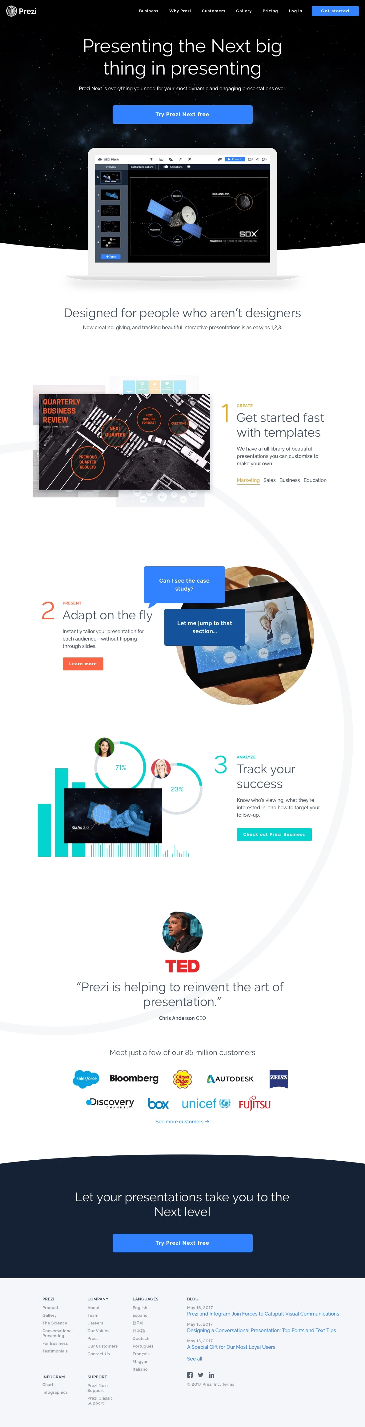 Prezi Landing Page Example: Prezi Next is everything you need for your most dynamic and engaging presentations ever.