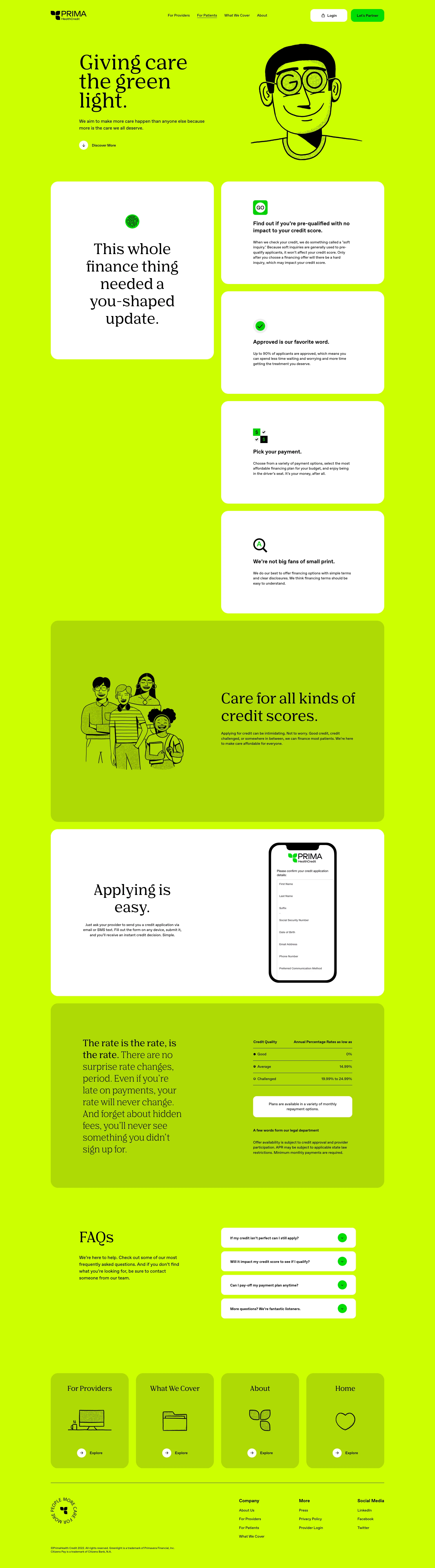 PrimaHealth Credit Landing Page Example: We help more patients access the healthcare they need by offering affordable monthly payment options and a total patient finance solution to healthcare providers.
