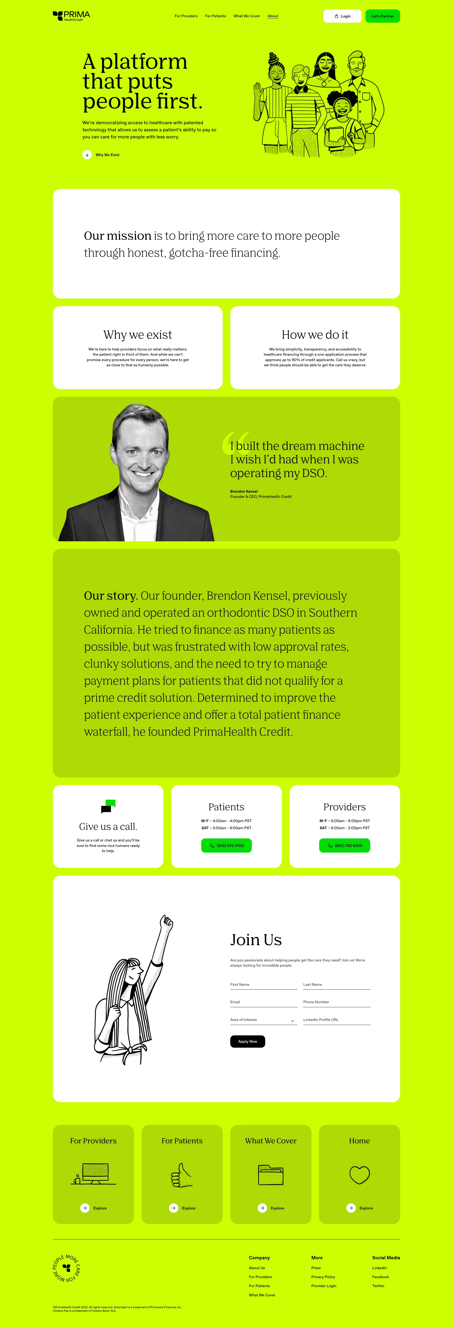 PrimaHealth Credit Landing Page Example: We help more patients access the healthcare they need by offering affordable monthly payment options and a total patient finance solution to healthcare providers.