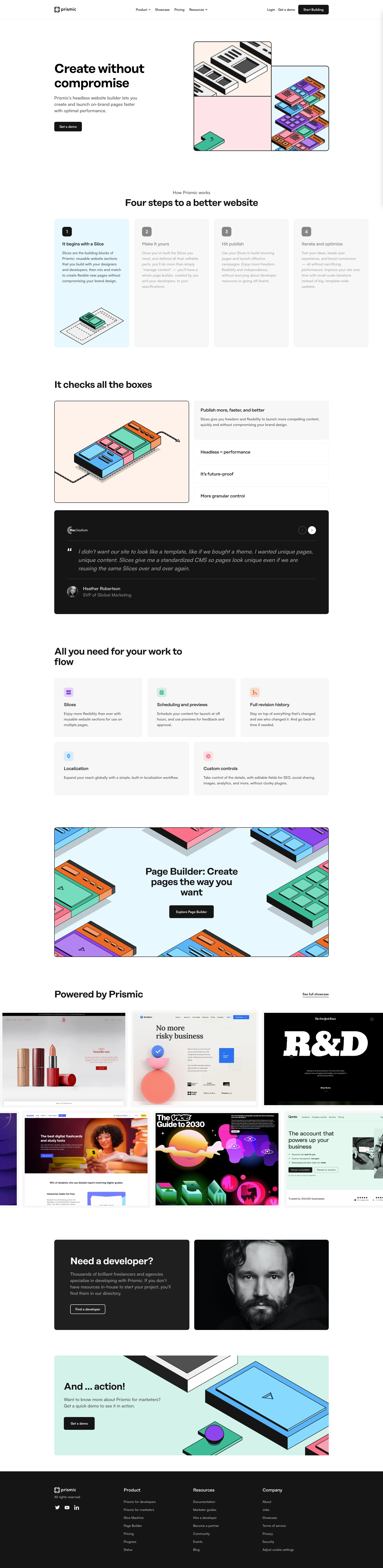 Prismic Landing Page Example: From website to growth engine. Prismic is the headless website builder that lets developers and marketers ship and iterate faster, and build sites that just keep getting better.