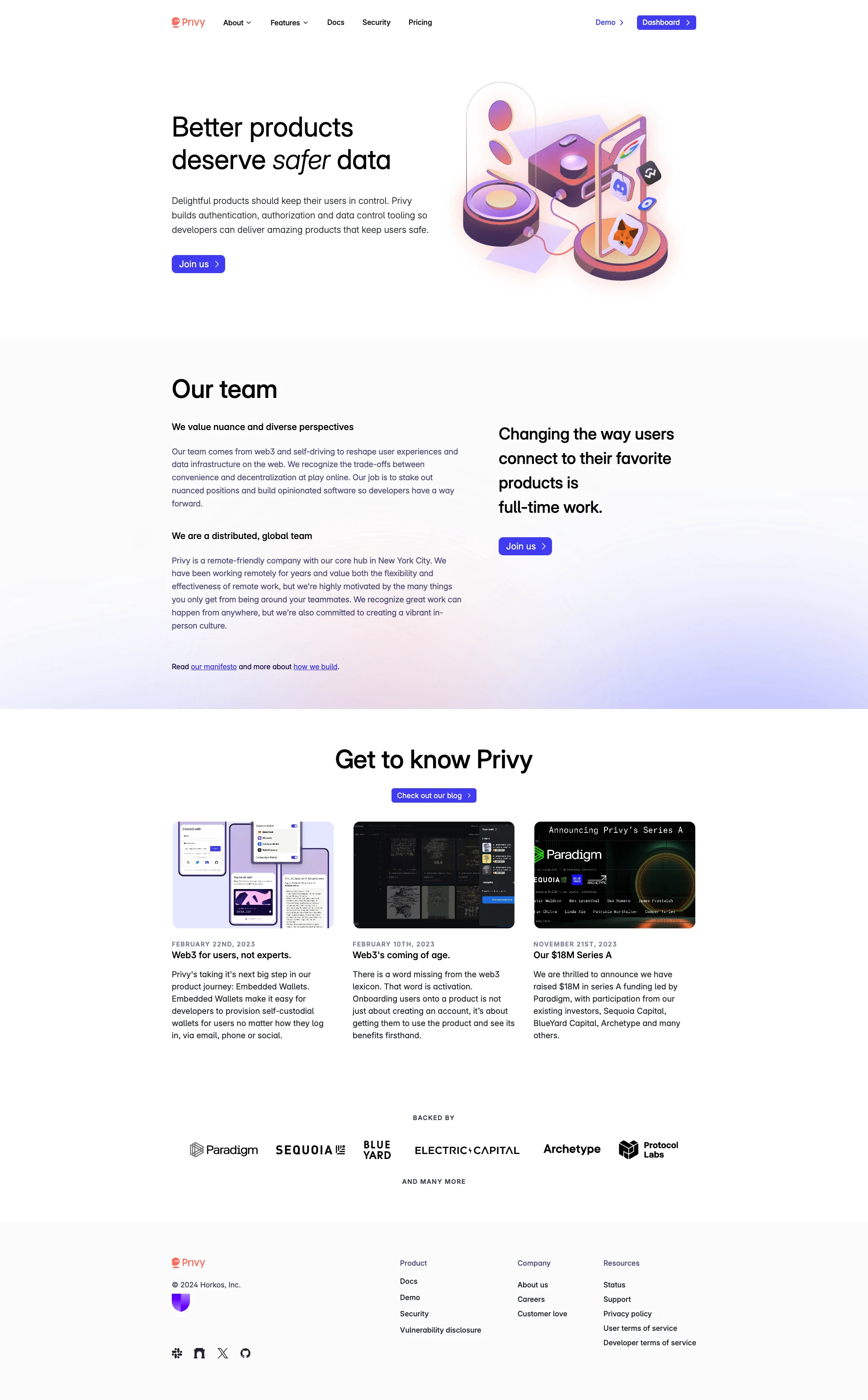 Privy Landing Page Example: Better products deserve safer data. Delightful products should keep their users in control. Privy builds authentication, authorization and data control tooling so developers can deliver amazing products that keep users safe. Onboard all your users to web3.