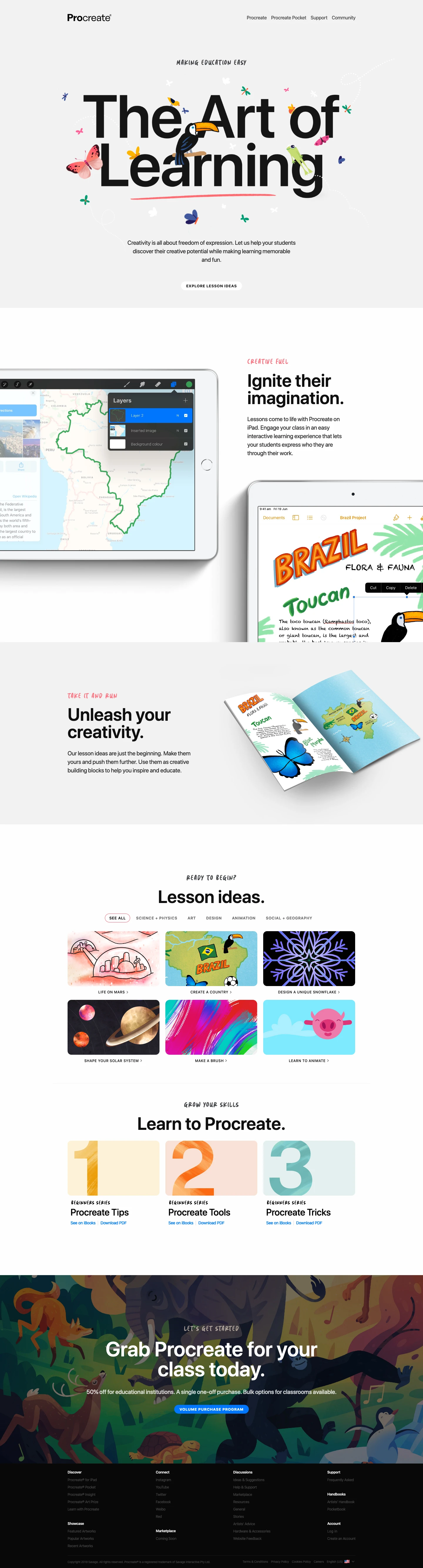 Procreate Education Landing Page Example: Creativity is all about freedom of expression. Let us help your students discover their creative potential while making learning memorable and fun.