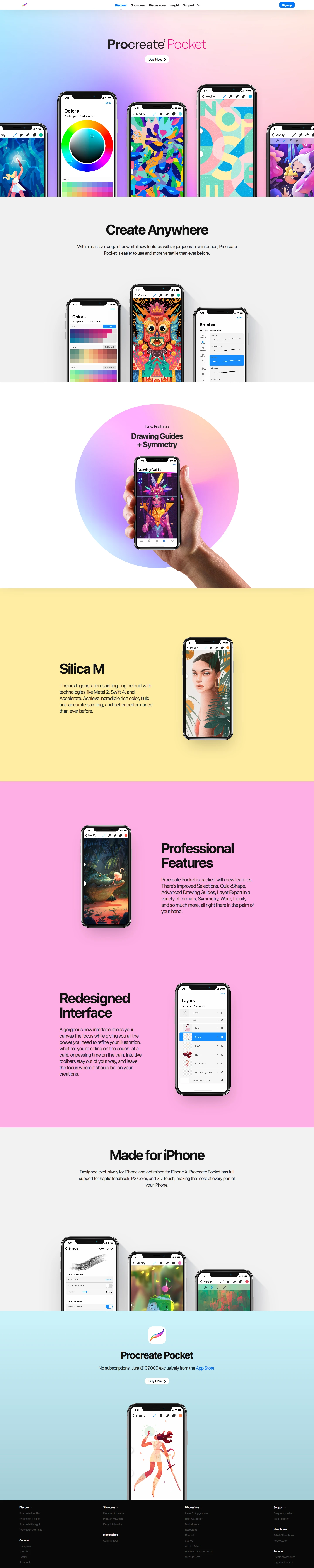 Procreate Pocket Landing Page Example: New design. New engine. New attitude. With a massive range of powerful new features with a gorgeous new interface, Procreate Pocket is easier to use and more versatile than ever before.