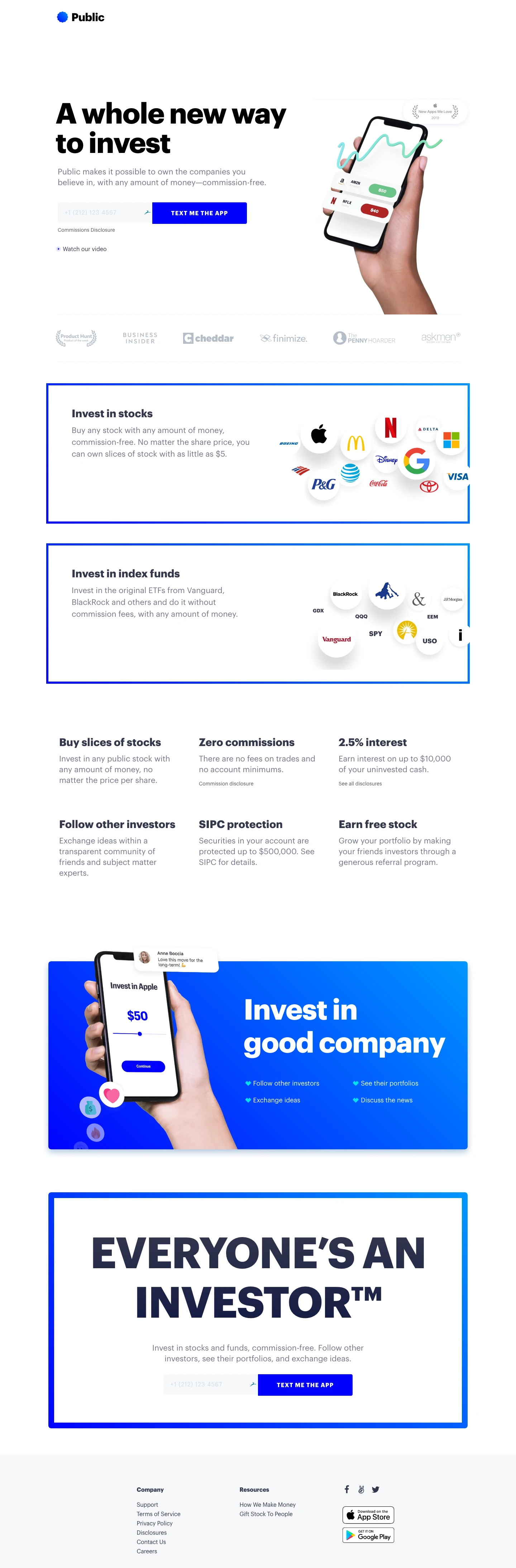 Public Landing Page Example: Public makes it possible to own the companies you believe in, with any amount of money—commission-free.