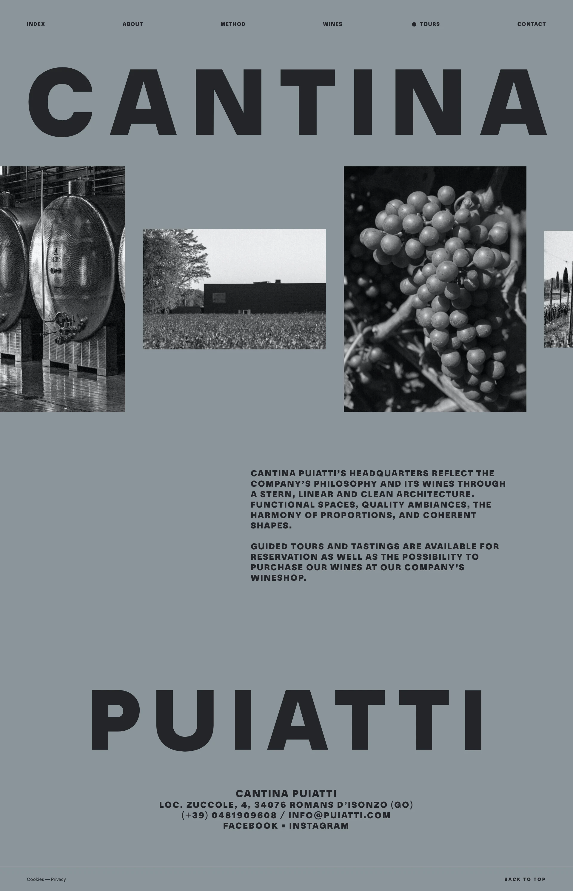 Cantina Puiatti Landing Page Example: Cantina Puiatti is the place where skill, brilliance and method meet. Since 1967, shaping the future of wine without forgetting the past.