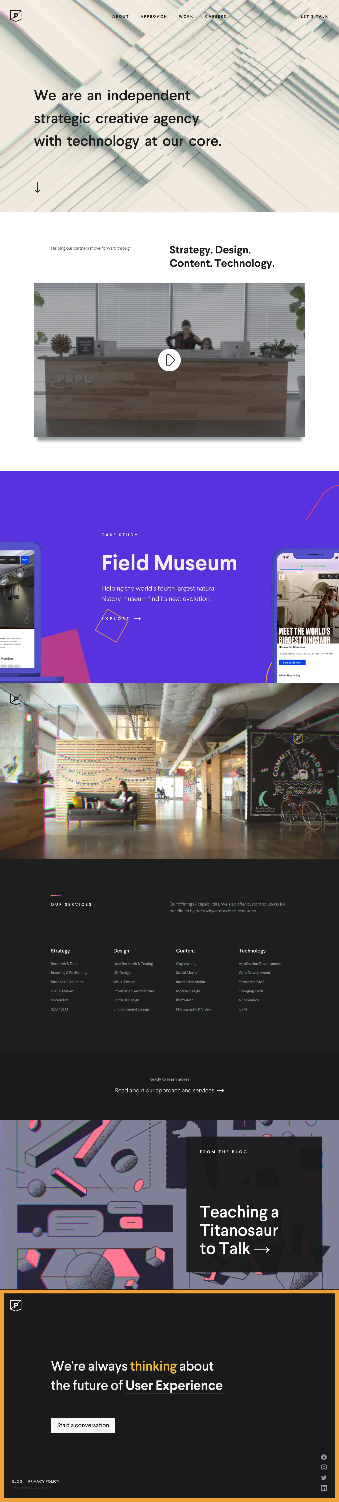 Purple Rock Scissors Landing Page Example: We are an independent strategic creative agency with technology at our core.