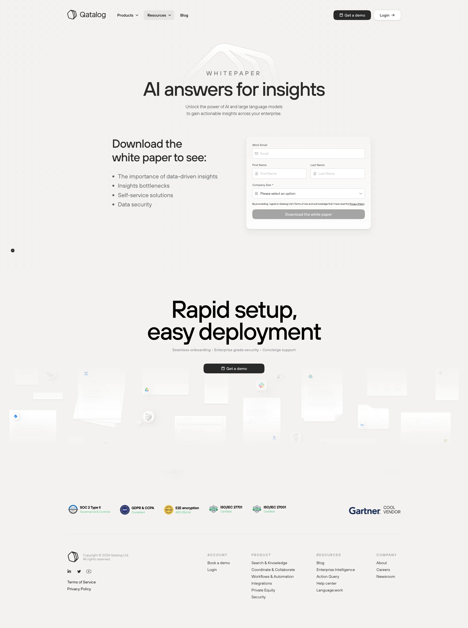 Qatalog Landing Page Example: The answers to your employees’ daily questions are scattered across tons of files and applications. Ask Qatalog — the one search bar for your business.