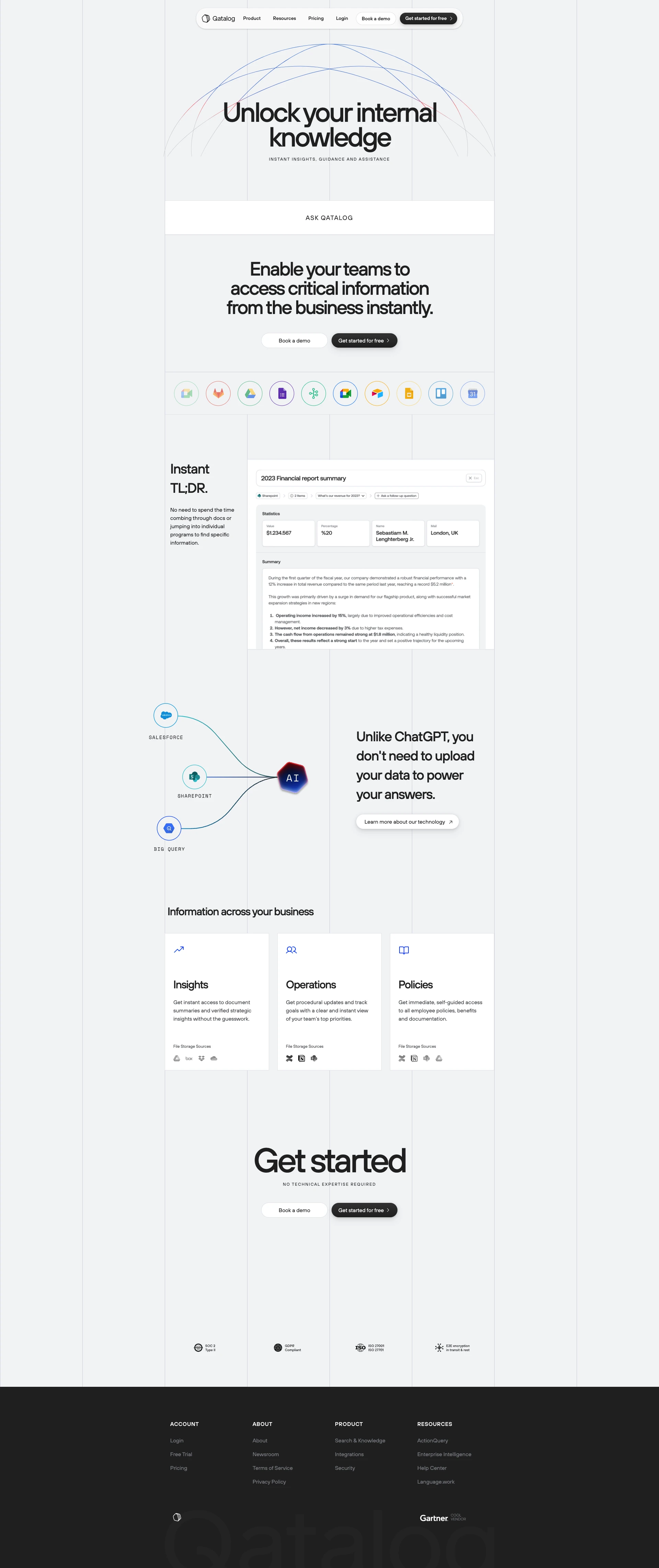 Qatalog Landing Page Example: Qatalog transforms how businesses interact with data, access internal knowledge and and automate complex processes with AI to drive operational excellence.