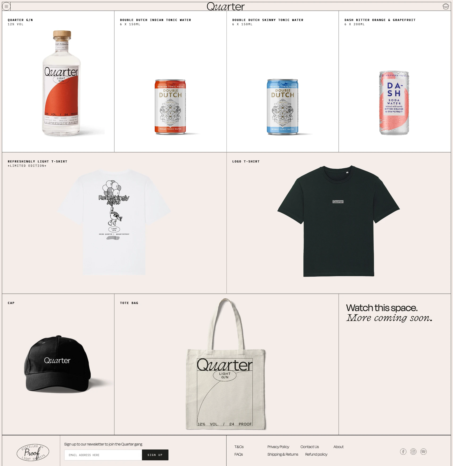 Quarter Landing Page Example: Quarter strength spirits. 1/4 of the booze, 1/4 of the calories, 1/4 of the strength, 1/4 of the impact. Welcome to Light Spirits.
