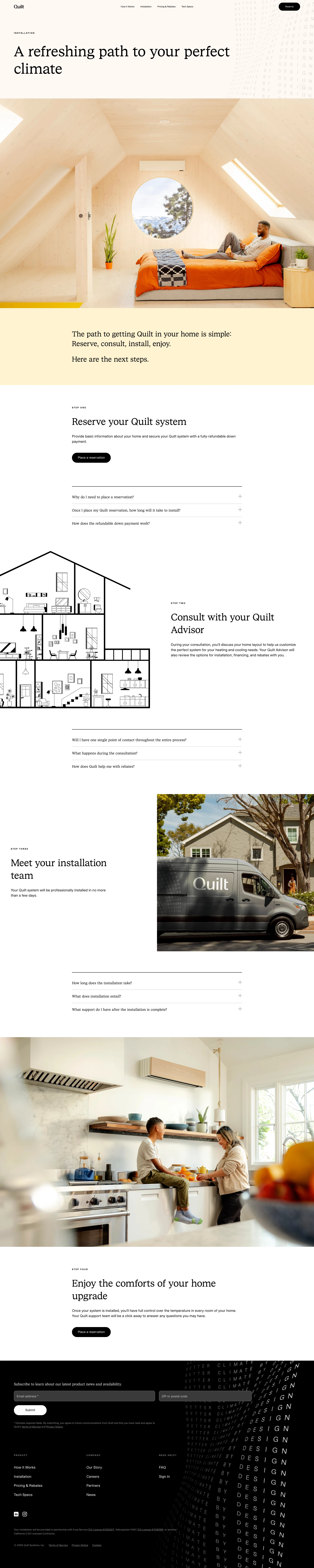 Quilt Landing Page Example: Quilt is the best home climate system available. Our electric, energy efficient heat pump uses smart technology to save homeowners money and cut emissions.