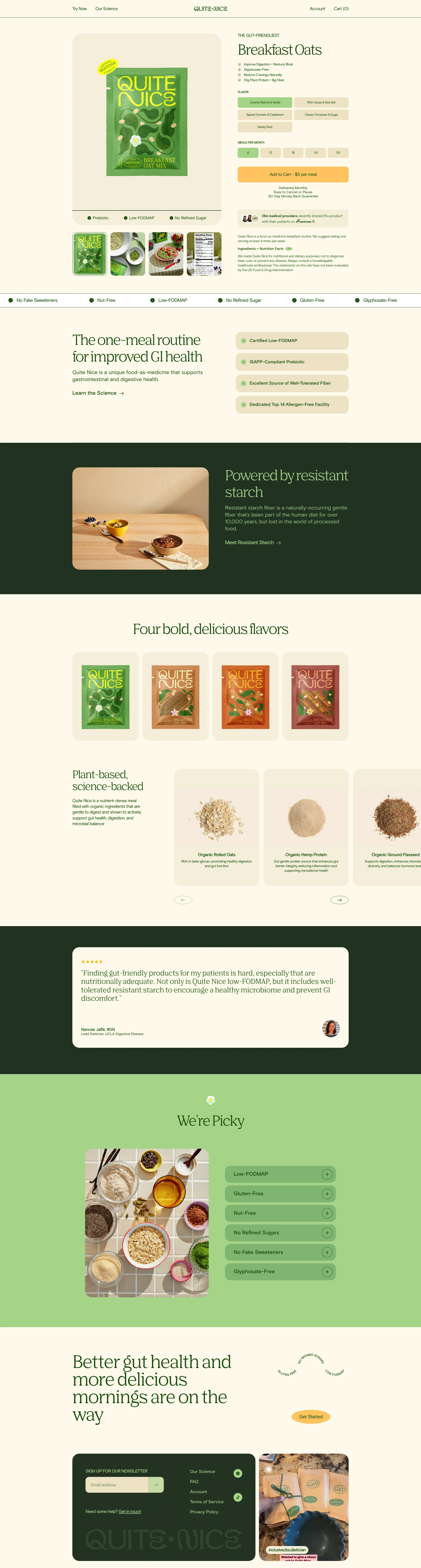 QUITE NICE Landing Page Example: Heal your gut and improve your digestion with our prebiotic resistant starch in a delicious, convenient breakfast format. Quite Nice is gluten-free, glyphosate-free, and developed by top doctors and nutritionists.