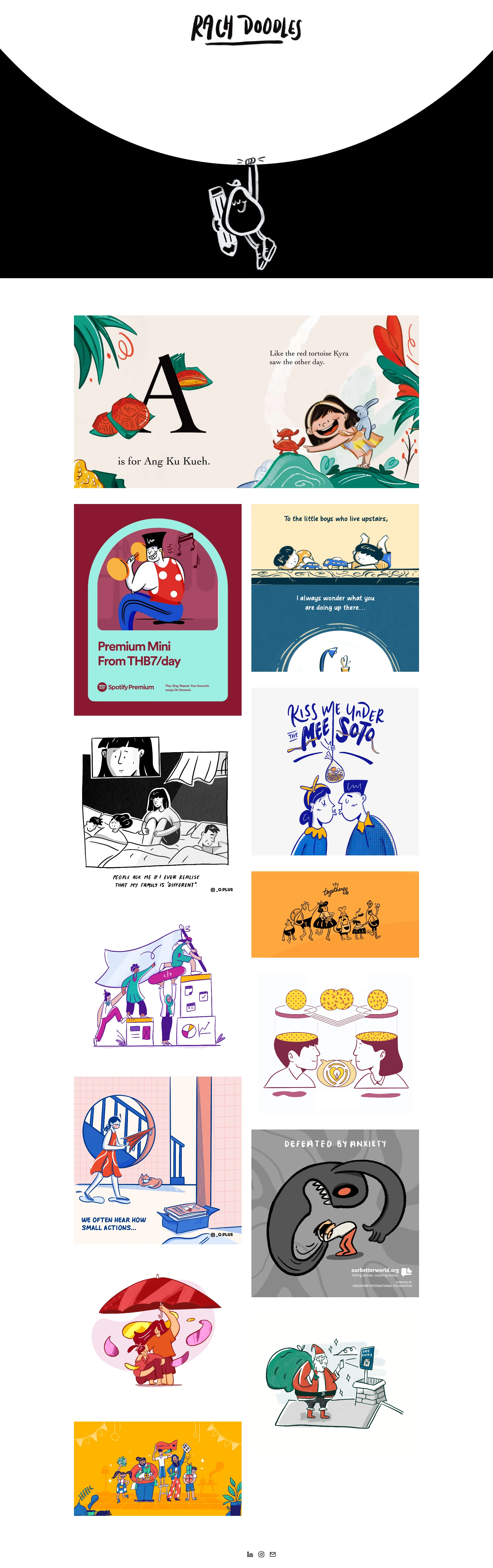 Rachodoodles Landing Page Example: Singapore based creator of comics, illustrations and children's books.