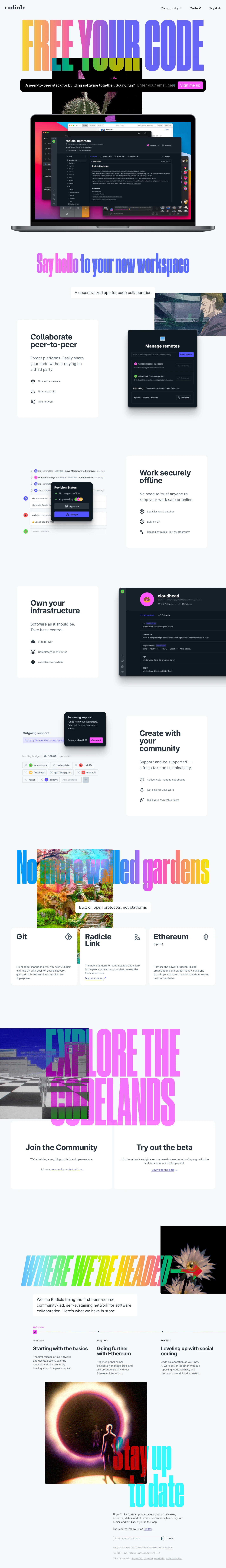 radicle Landing Page Example: Radicle is a peer-to-peer stack for building software together.