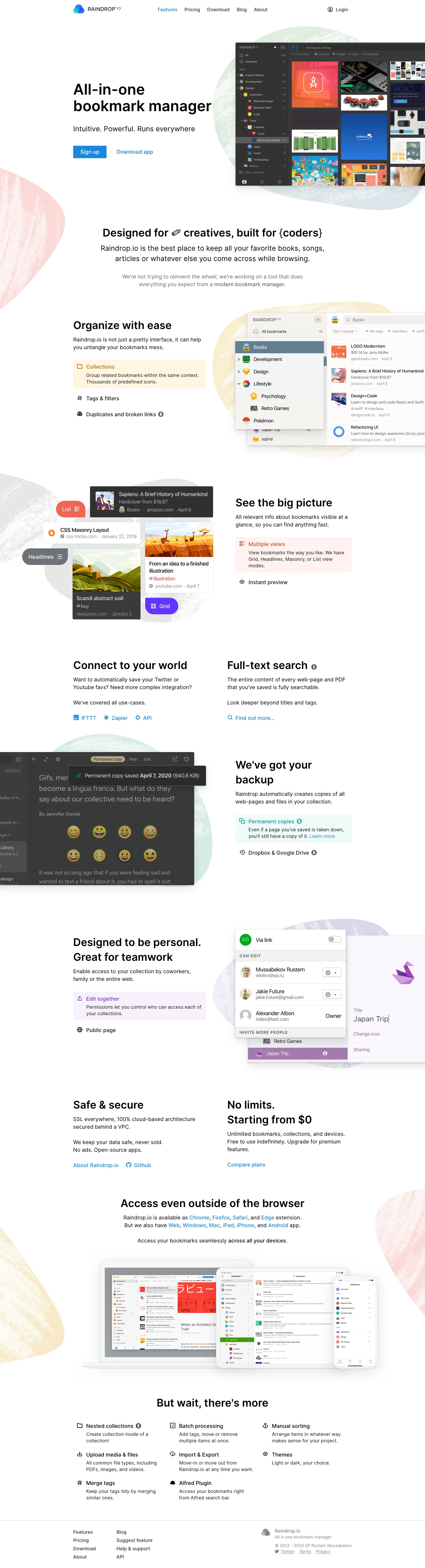Raindrop.io Landing Page Example: All in One Bookmark Manager. For your inspiration, read later, media and stuff.