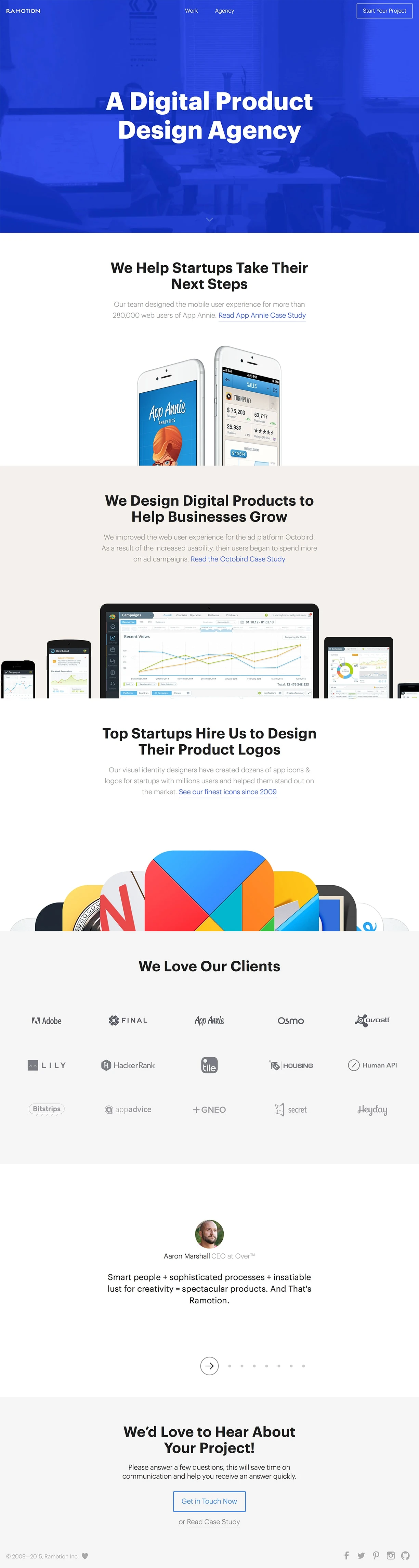 Ramotion Landing Page Example: Ramotion is a digital product design agency in San Francisco, specializing in brand identity, mobile and web. We make product logos, app user interfaces and websites for startups and businesses.
