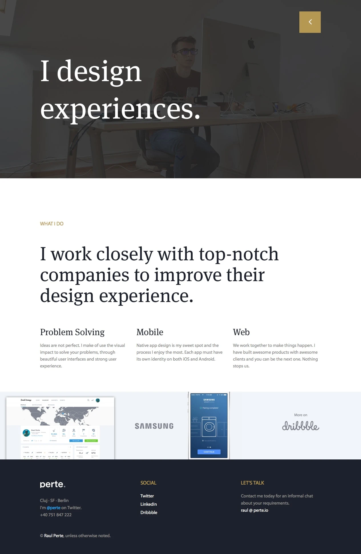 Raul Perțe Landing Page Example: I work closely with top-notch companies to improve their design experience.