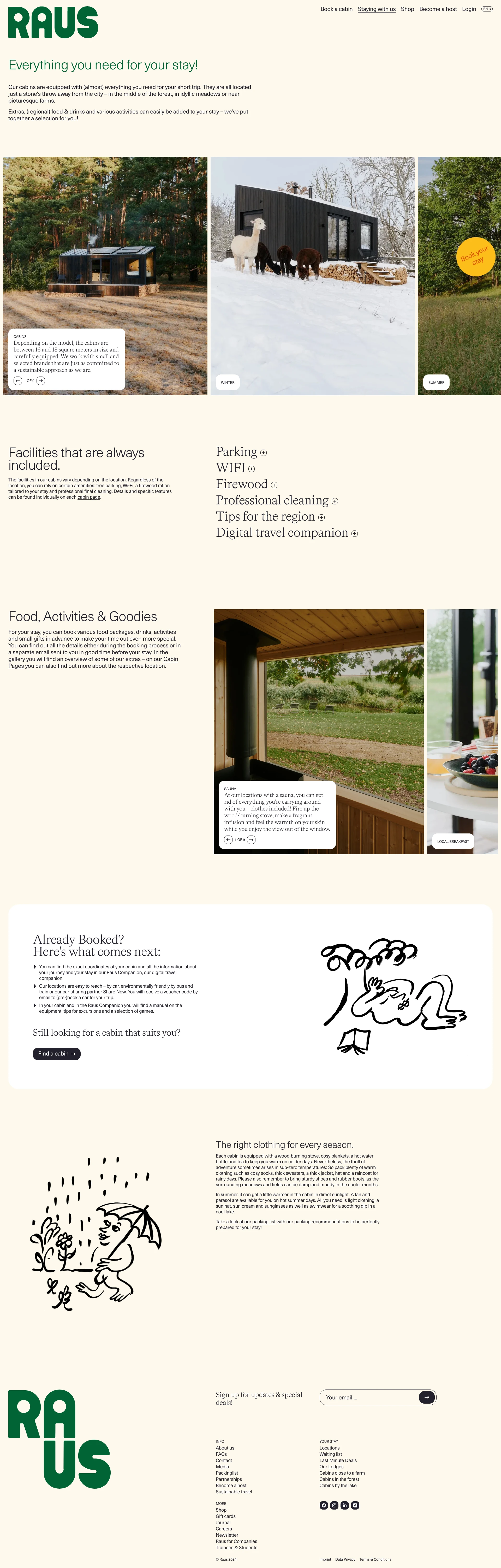 Raus Landing Page Example: Book restful space in nature, near your city and outside your daily routine. Contemporary cabins around Berlin and across Germany.