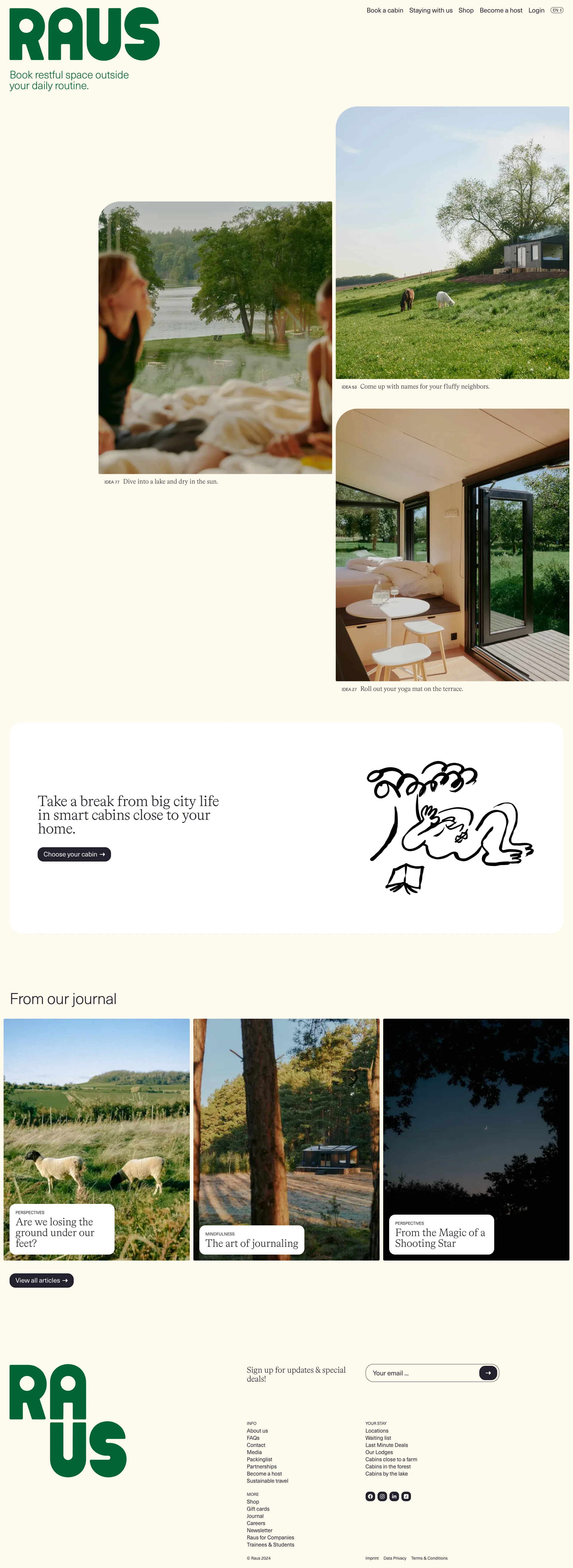 Raus Landing Page Example: Book restful space in nature, near your city and outside your daily routine. Contemporary cabins around Berlin and across Germany.