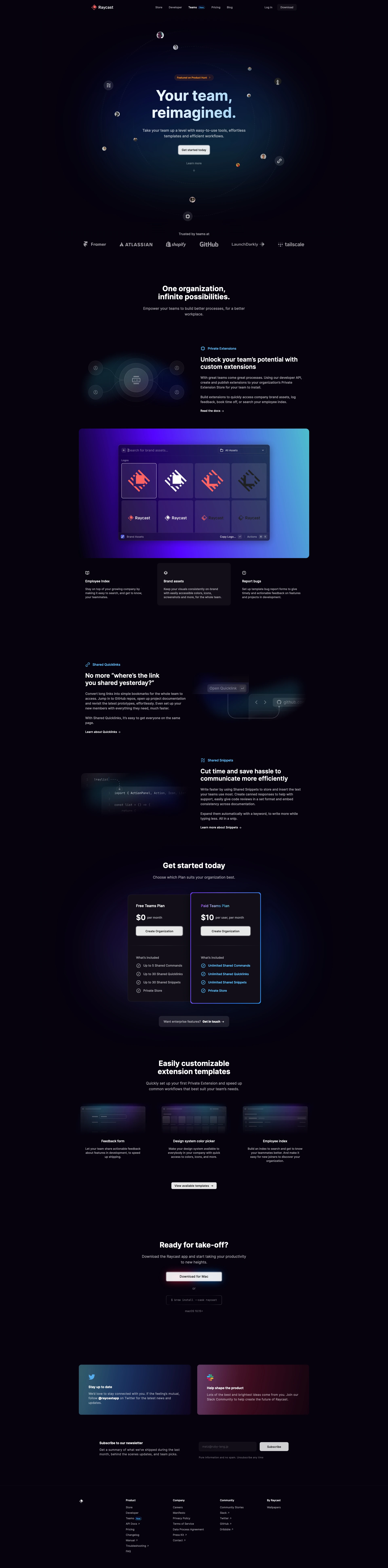 Raycast Landing Page Example: Supercharged productivity. Raycast is a blazingly fast, totally extendable launcher. It lets you complete tasks, calculate, share common links, and much more.