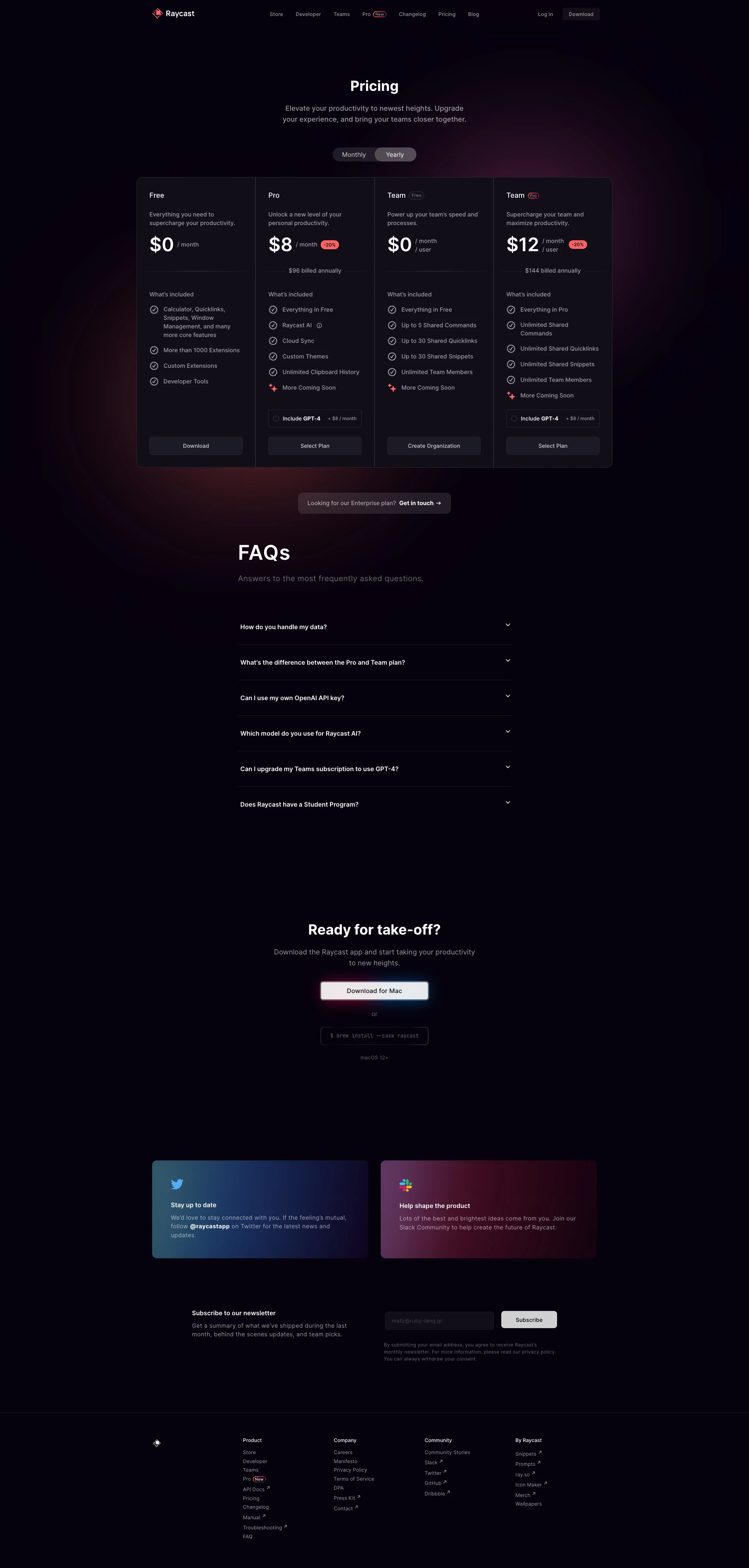 Raycast Pro Landing Page Example: Raycast lets you control your tools with a few keystrokes. It's designed to keep you focused. Raycast Pro unlocks a new level of productivity with AI, Cloud Sync, Custom Themes and more.