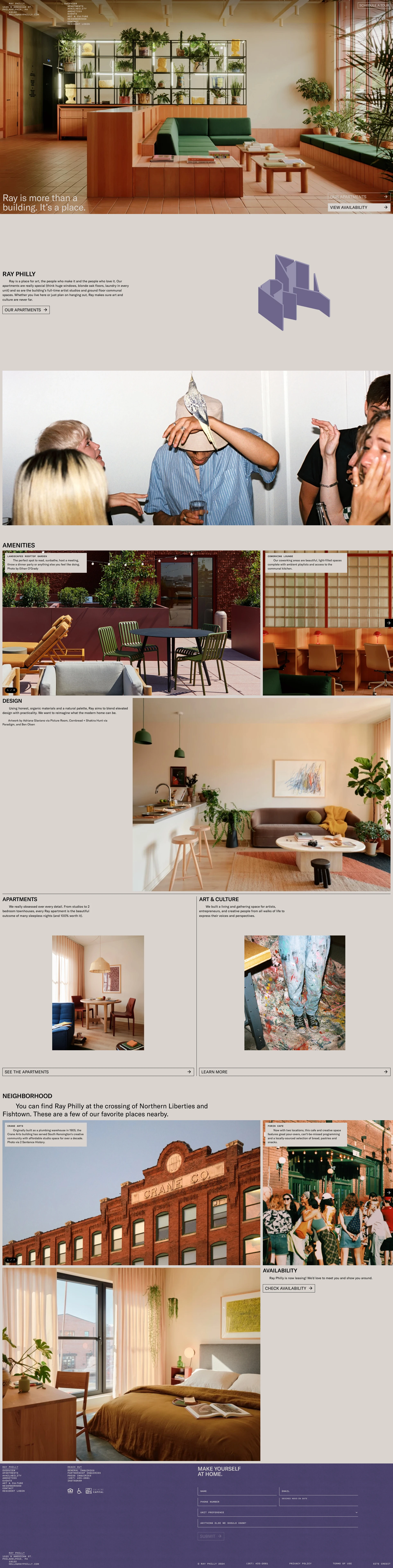 Ray Philly Landing Page Example: Our apartments are really special. Think huge windows, blonde oak floors, laundry in every unit and so are the building’s full-time artist studios and ground floor communal spaces.