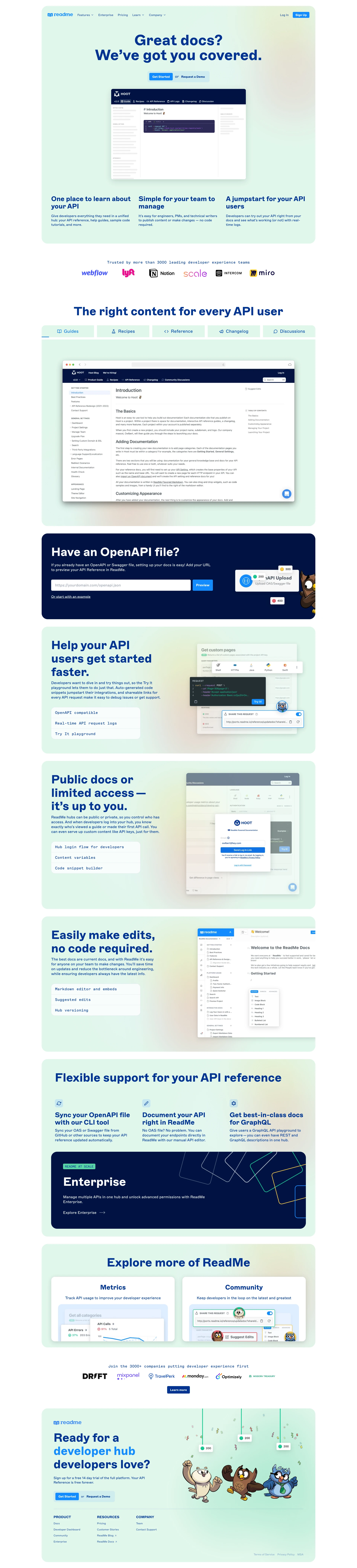 ReadMe Landing Page Example: Developer hubs that meet your users where they are. ReadMe transforms your API docs into interactive hubs that help developers succeed.