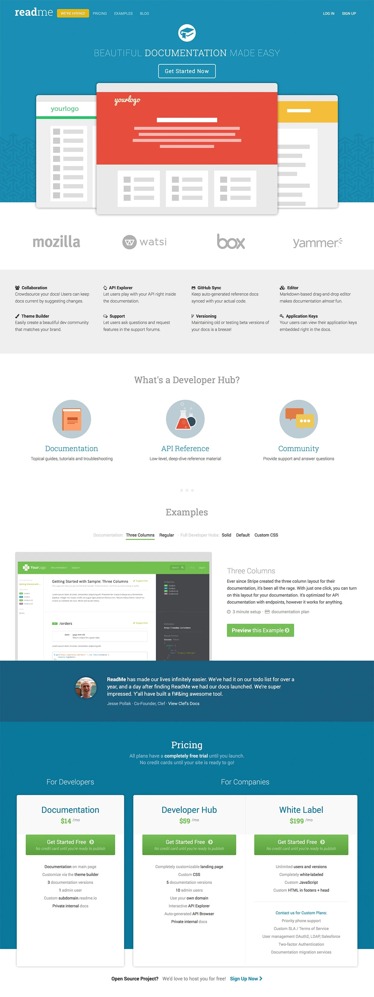 ReadMe.io Landing Page Example: A collaborative developer hub for your API or code.