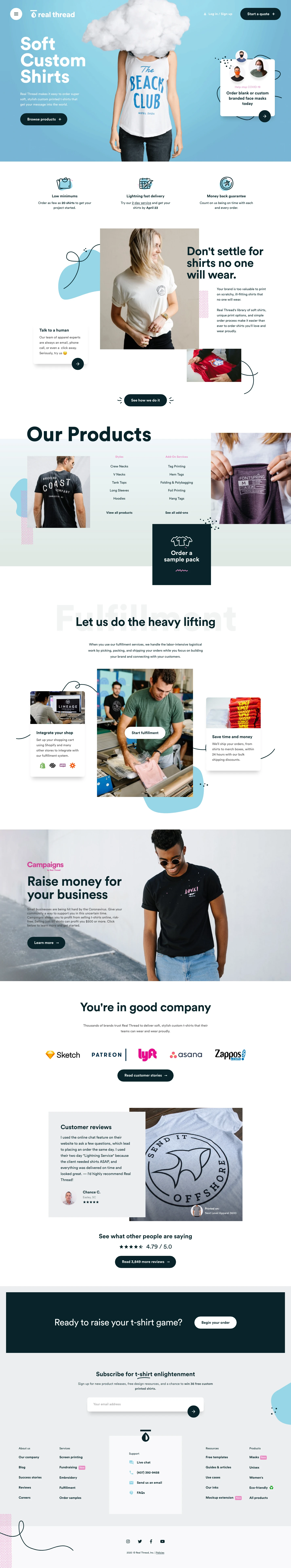Real Thread Landing Page Example: Real Thread makes it easy to order super soft, stylish custom printed t-shirts that get your message into the world.