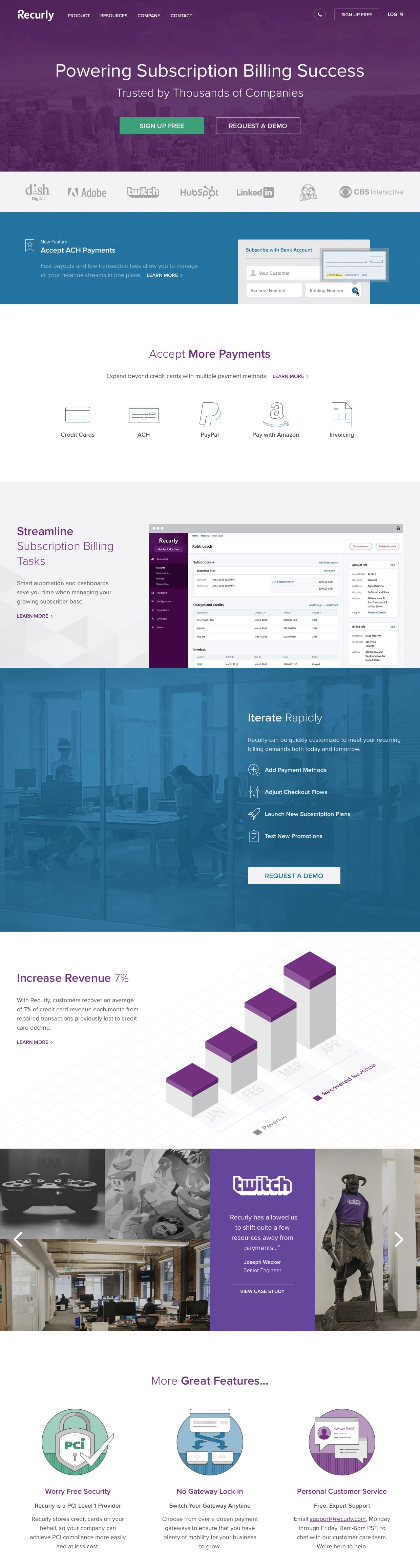 Recurly Landing Page Example: Subscription billing and recurring billing management.  Recurly offers enterprise-class subscription billing for thousands of companies worldwide.