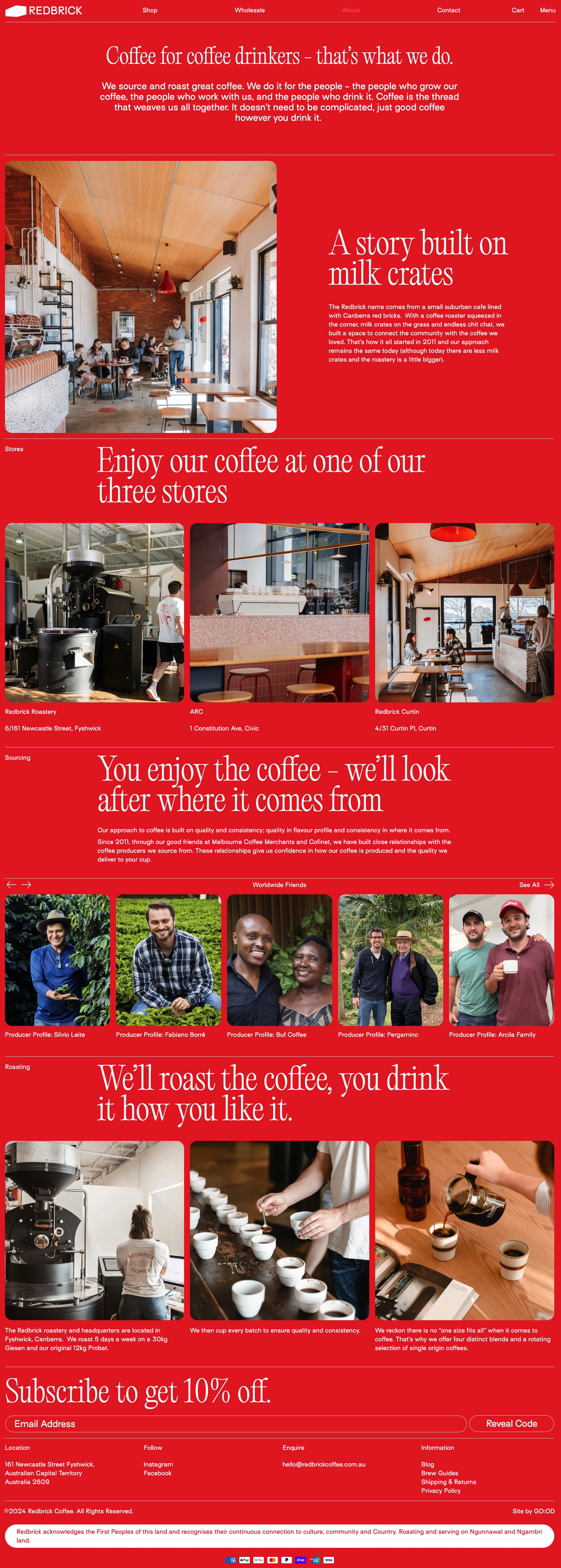 Redbrick Coffe Landing Page Example: For Coffee Drinkers. Specialty coffee proudly roasted in Canberra.