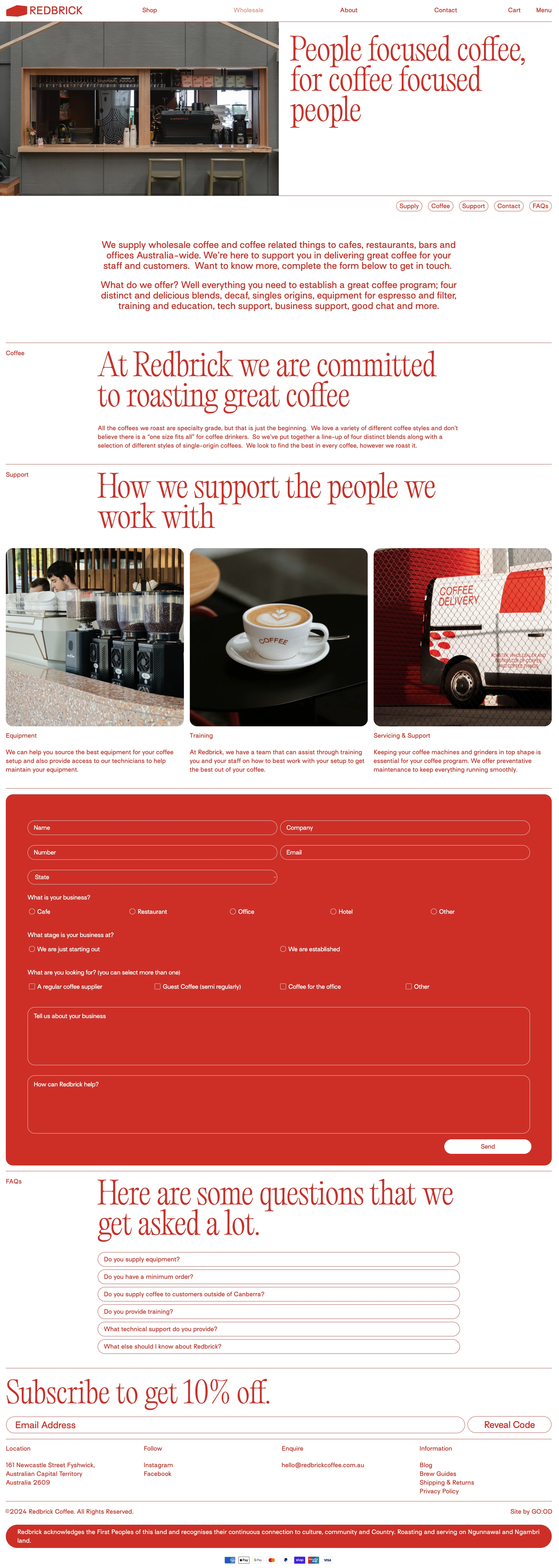 Redbrick Coffe Landing Page Example: For Coffee Drinkers. Specialty coffee proudly roasted in Canberra.