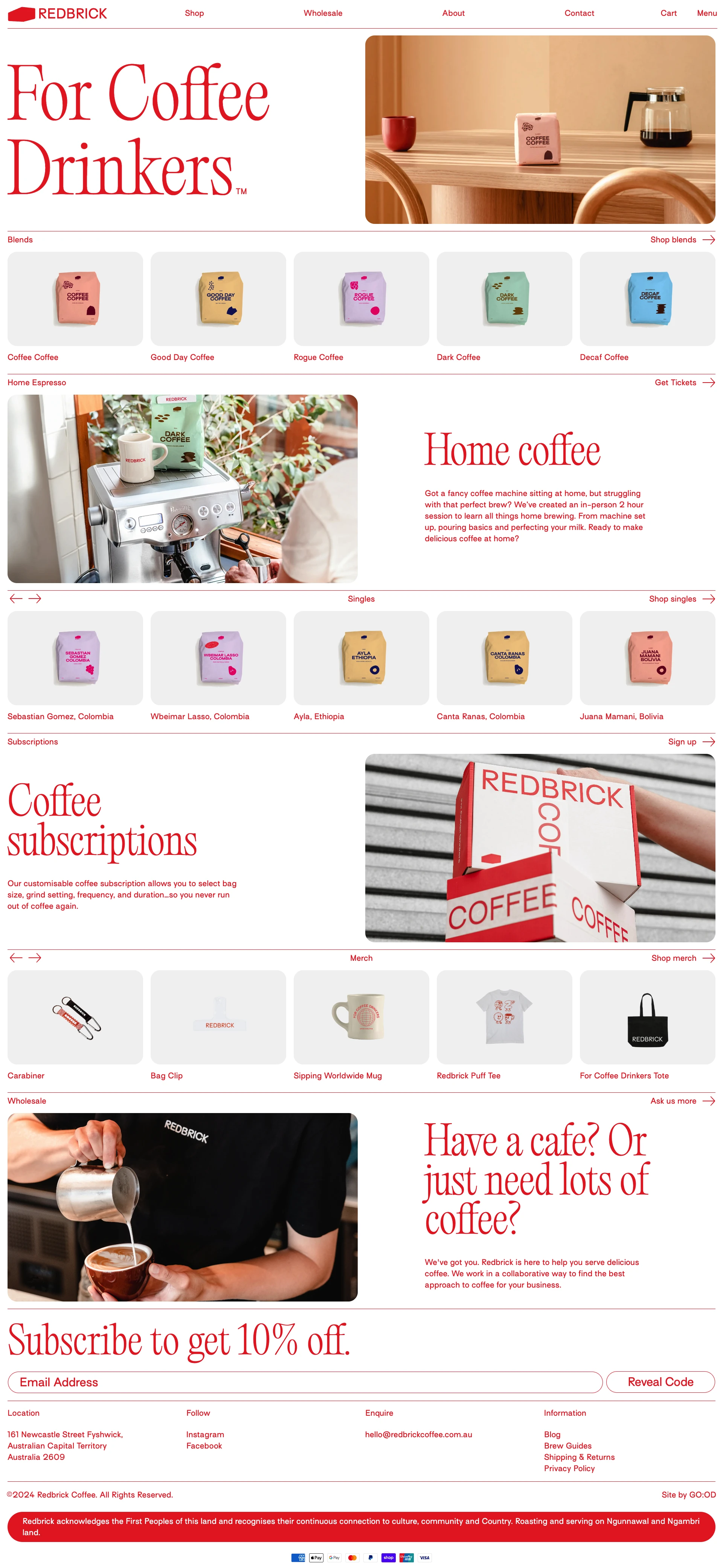 Redbrick Coffee Landing Page Example: For Coffee Drinkers. Specialty coffee proudly roasted in Canberra.