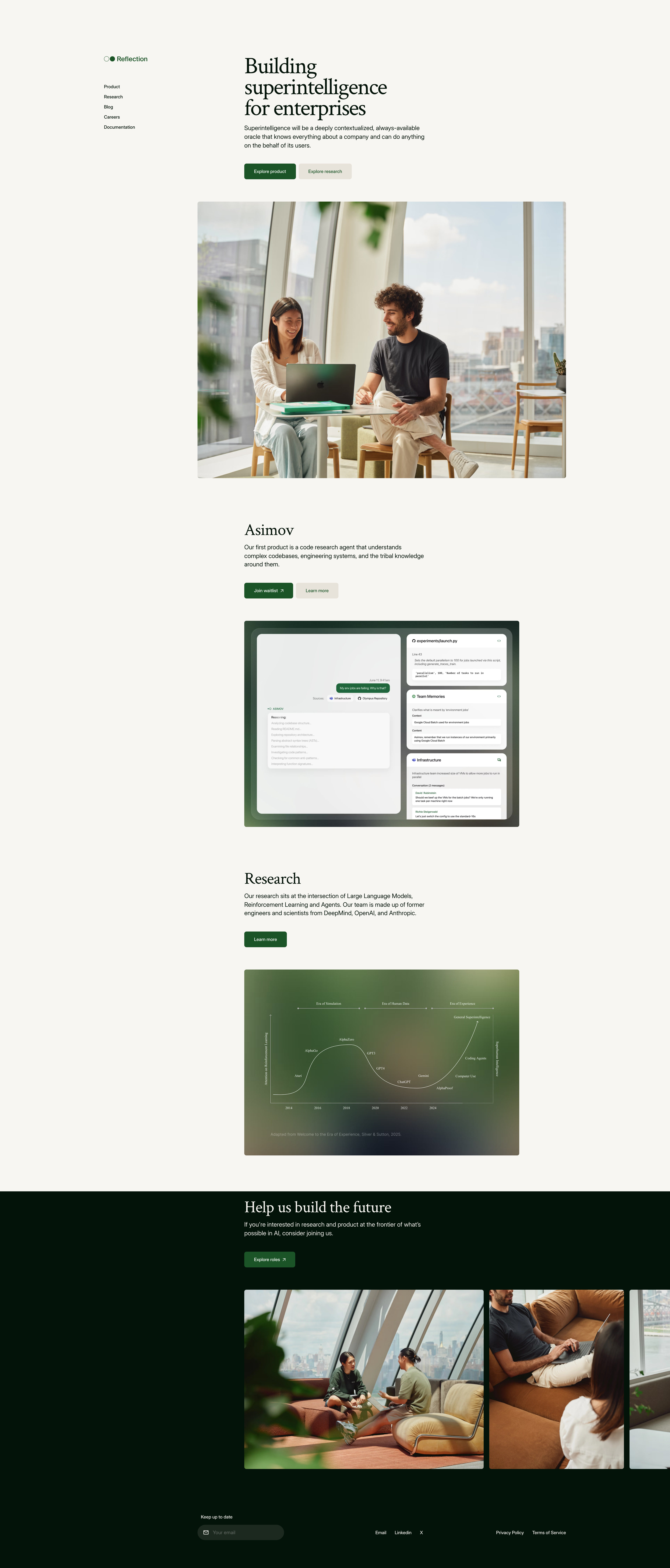 Reflection AI Landing Page Example: Building superintelligence for enterprises. Superintelligence will be a deeply contextualized, always-available oracle that knows everything about a company and can do anything on the behalf of its users.