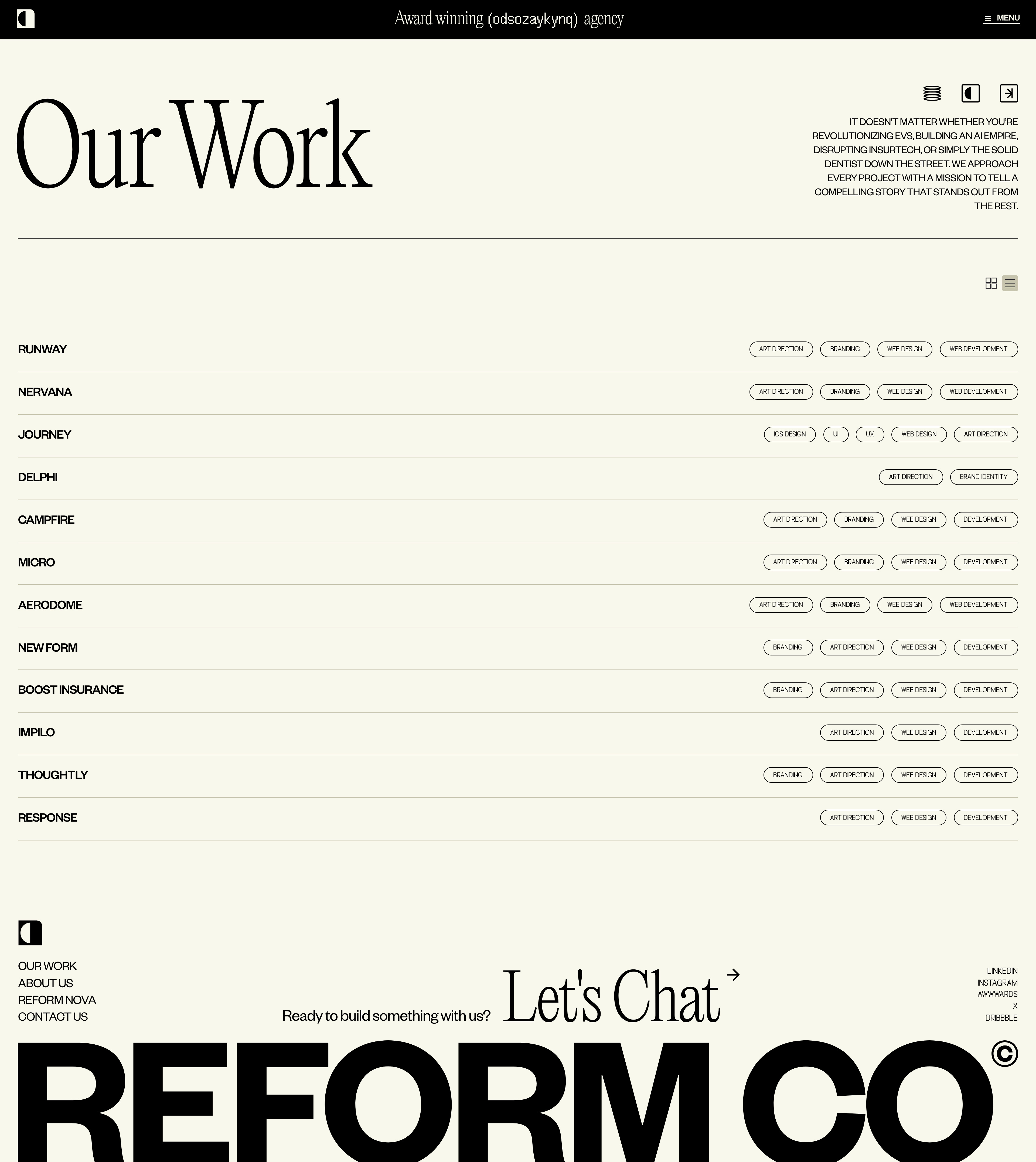 Reform Collective Landing Page Example: We Live in the Details. Its those small sweated over details in the pixels, the code, and the moments that make a digital experience feel effortless. We build brands that stands out, creative development that’s solid, and a process that respects it all.