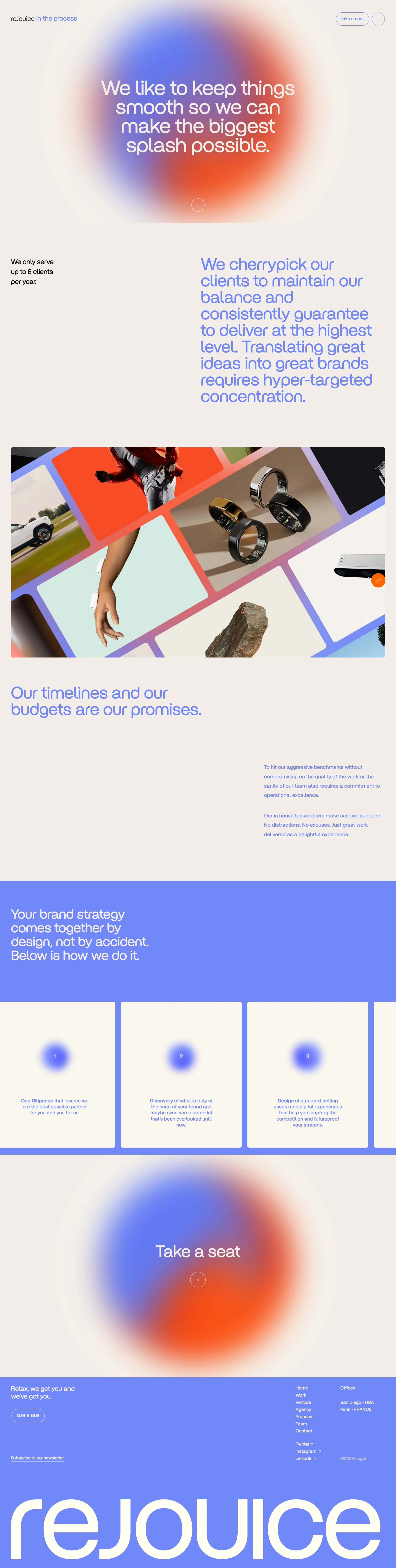 REJOUICE Landing Page Example: We are equal parts digital agency and venture firm. We elevate game-changing brands for growth by translating their future potential into a strategic brand narrative and authentic digital presence.