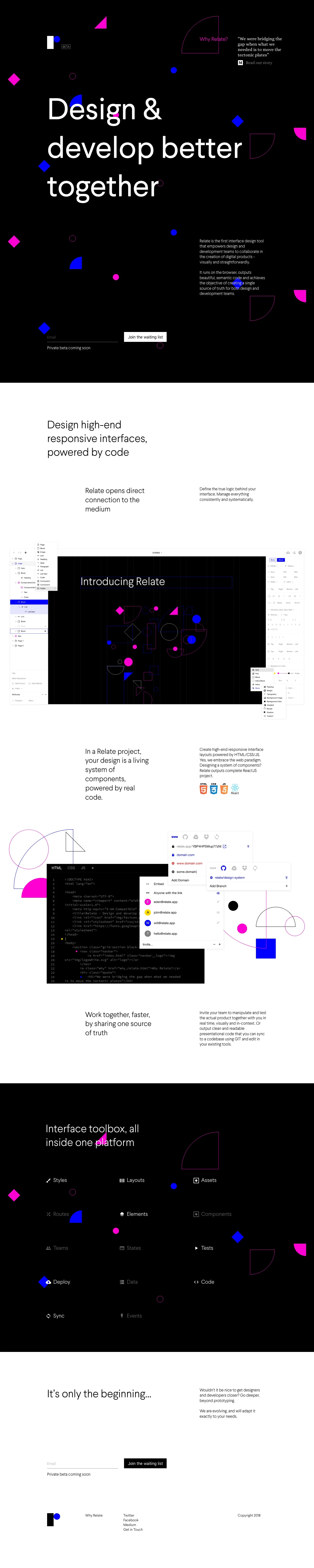 Relate Landing Page Example: Relate is the first interface design tool that empowers design and development teams to collaborate in the creation of digital products - visually and straightforwardly