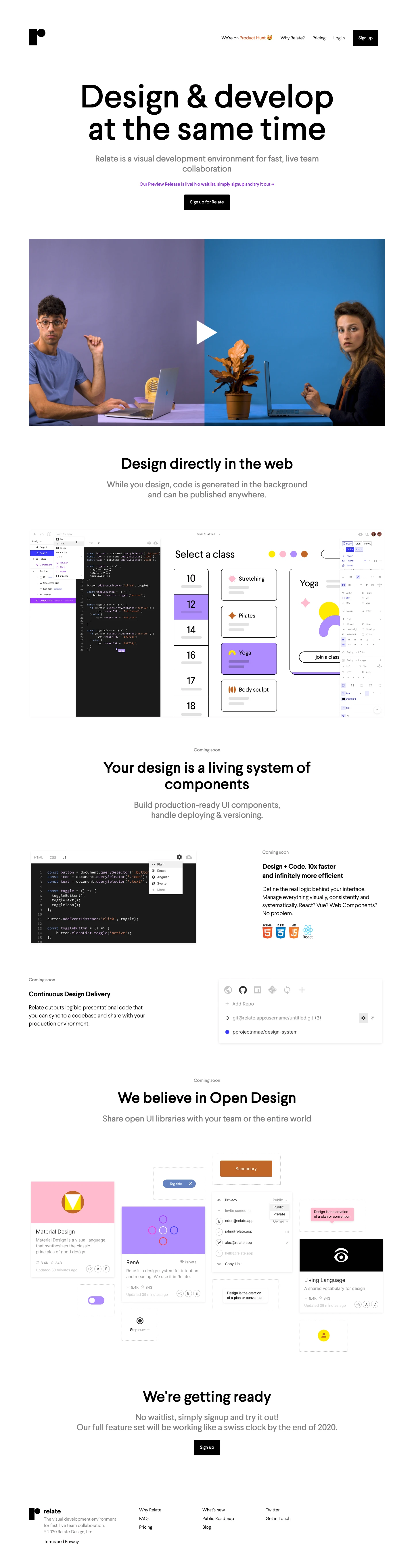 Relate Landing Page Example: Relate is the first interface design tool that empowers design and development teams to collaborate in the creation of digital products - visually and straightforwardly