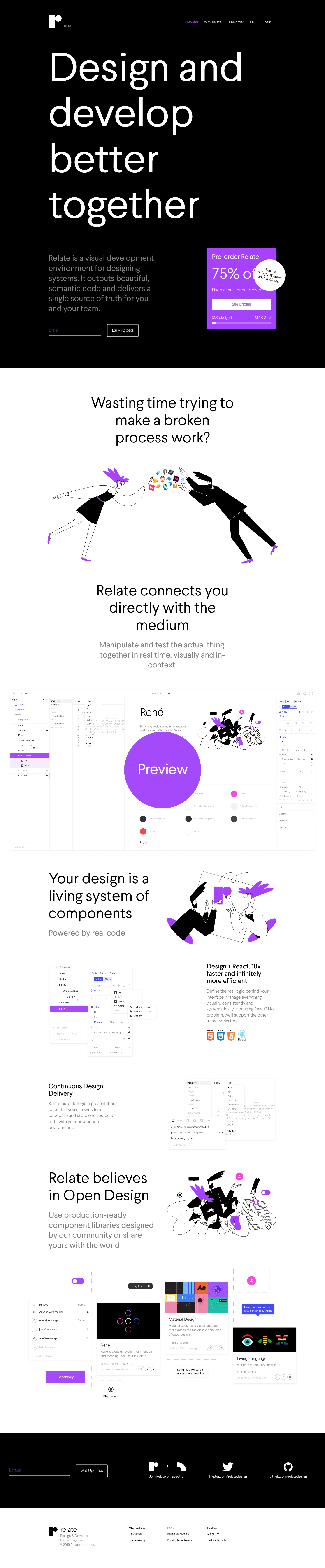 Relate Landing Page Example: Relate is a visual development environment for designing systems. It outputs beautiful, semantic code and delivers a single source of truth for you and your team.