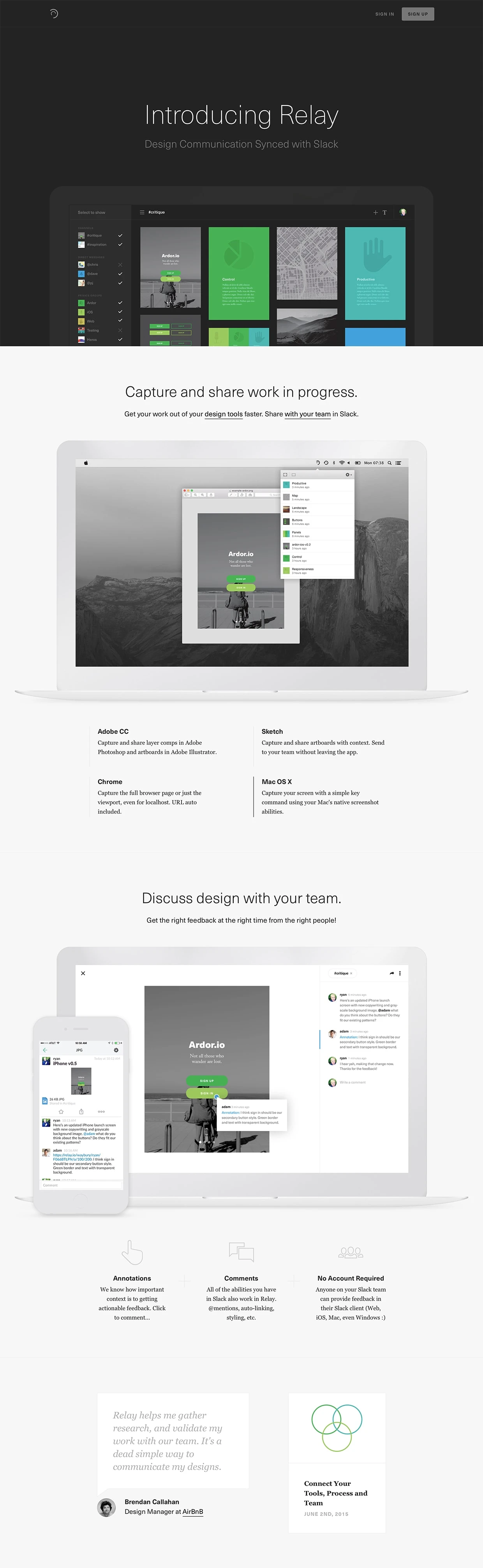 Relay Landing Page Example: Design communication synced with Slack. Capture and share work in progress. Discuss design with your team.