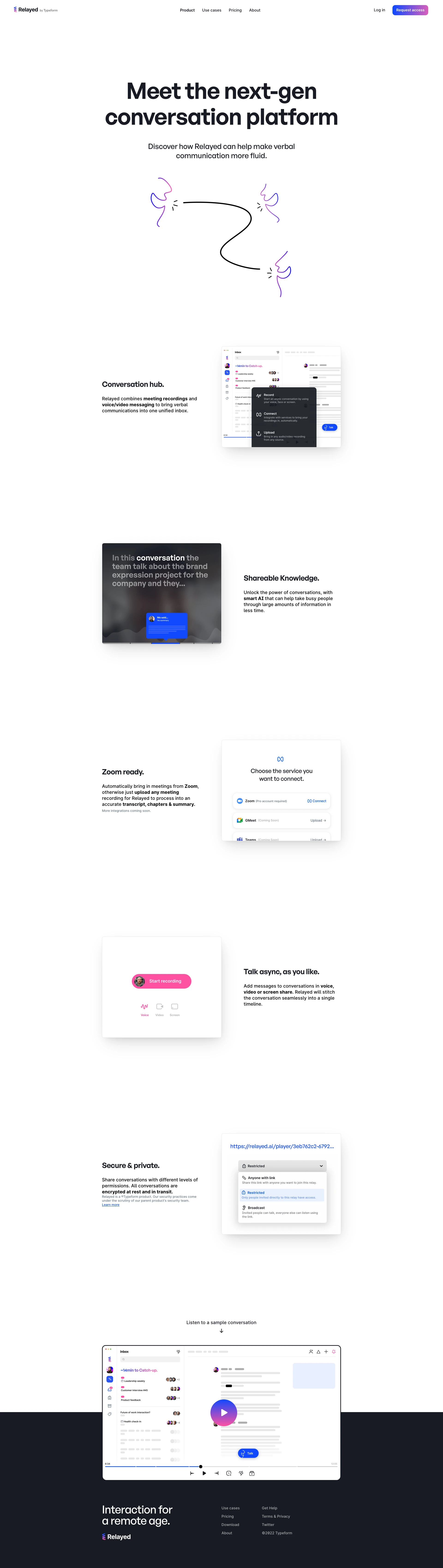 Relayed Landing Page Example: Relayed (by Typeform) captures & summarizes real conversations to help busy people stay up to date — fast.
