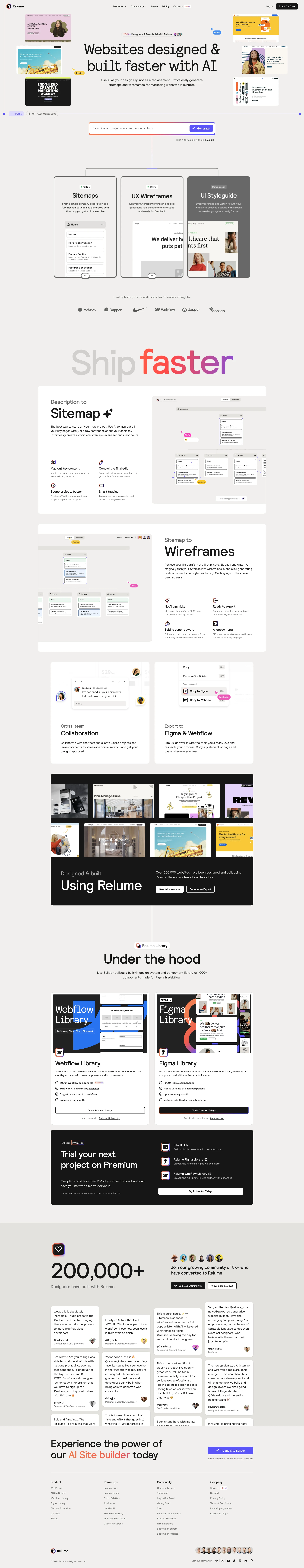 Relume Landing Page Example: Websites designed & built faster with AI. Use AI as your design ally, not as a replacement. Effortlessly generate sitemaps and wireframes for marketing websites in minutes with Relume’s AI website builder.