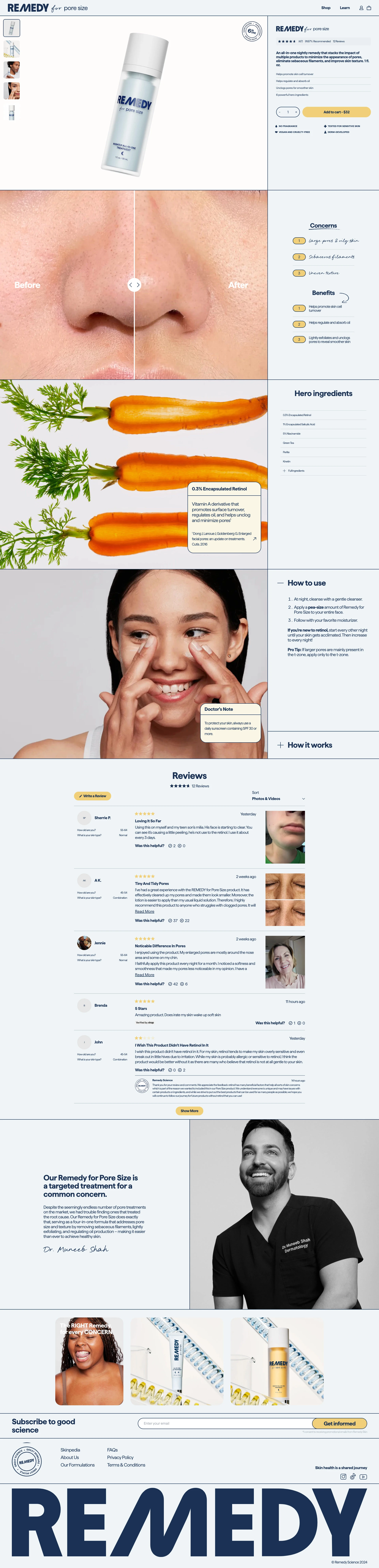 Remedy Landing Page Example: Introducing Remedy Science by board-certified dermatologist Dr. Muneeb Shah (@dermdoctor on Tiktok or @Doctorly on Youtube) Remedy is a problem-solving skincare line backed by clinical research. All-in-one solutions for common skincare concerns; complex products for simple routines.