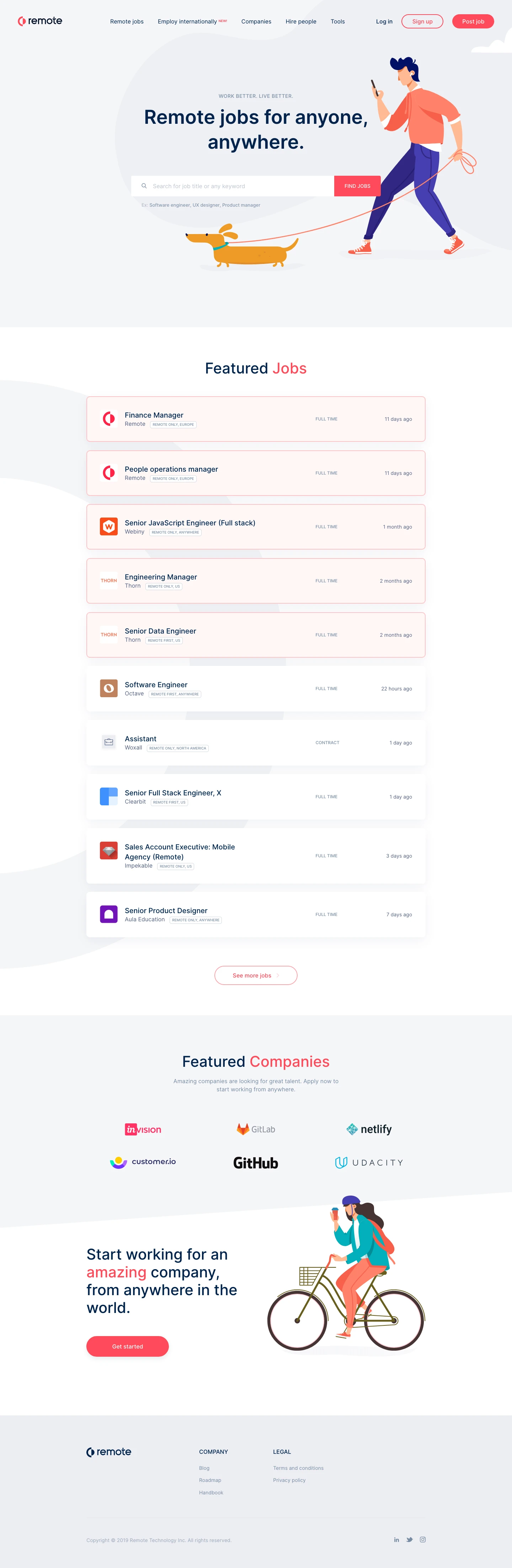 Remote Landing Page Example: Embrace remote work! Find amazing remote jobs at the world's greatest distributed companies.
