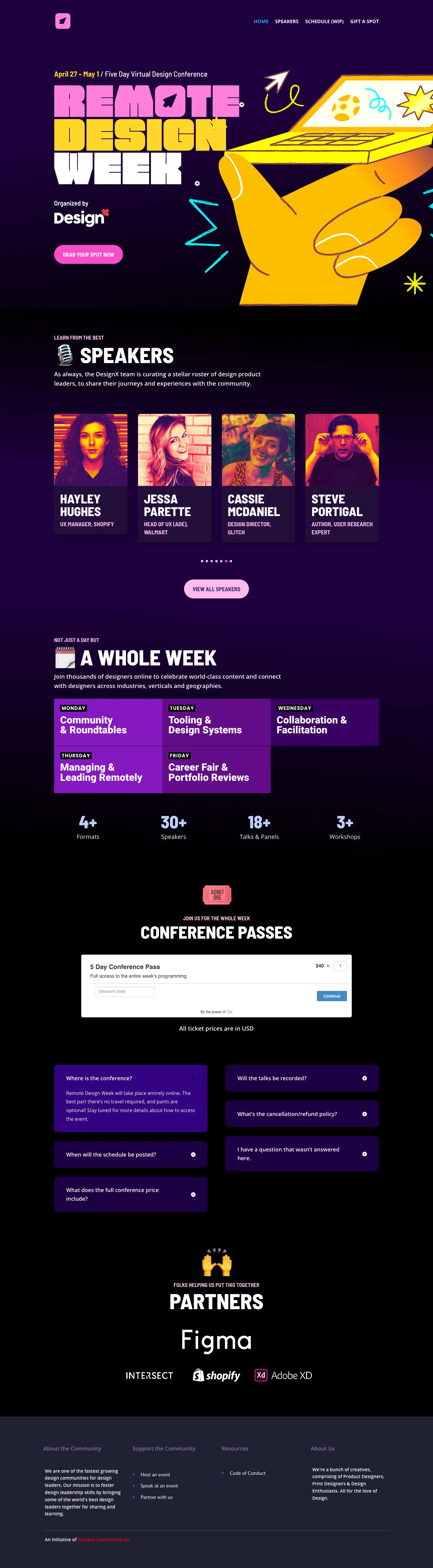 Remote Design Week Landing Page Example: A five day virtual design conference bringing thousands of designers together remotely to celebrate world-class content and connect with designers across industries, verticals and geographies.