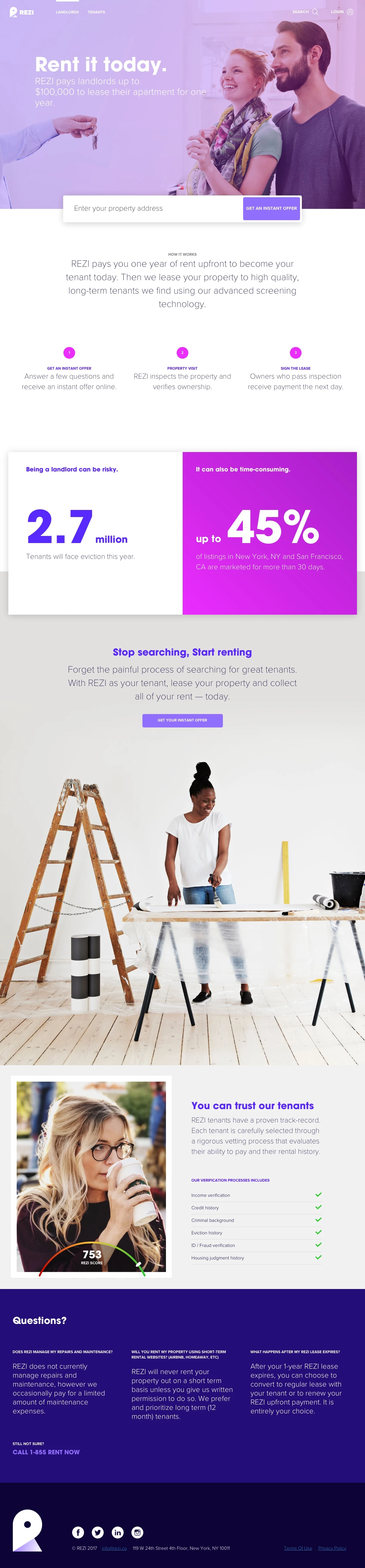 Rezi Landing Page Example: With REZI as your tenant, lease your property and collect all of your rent — today